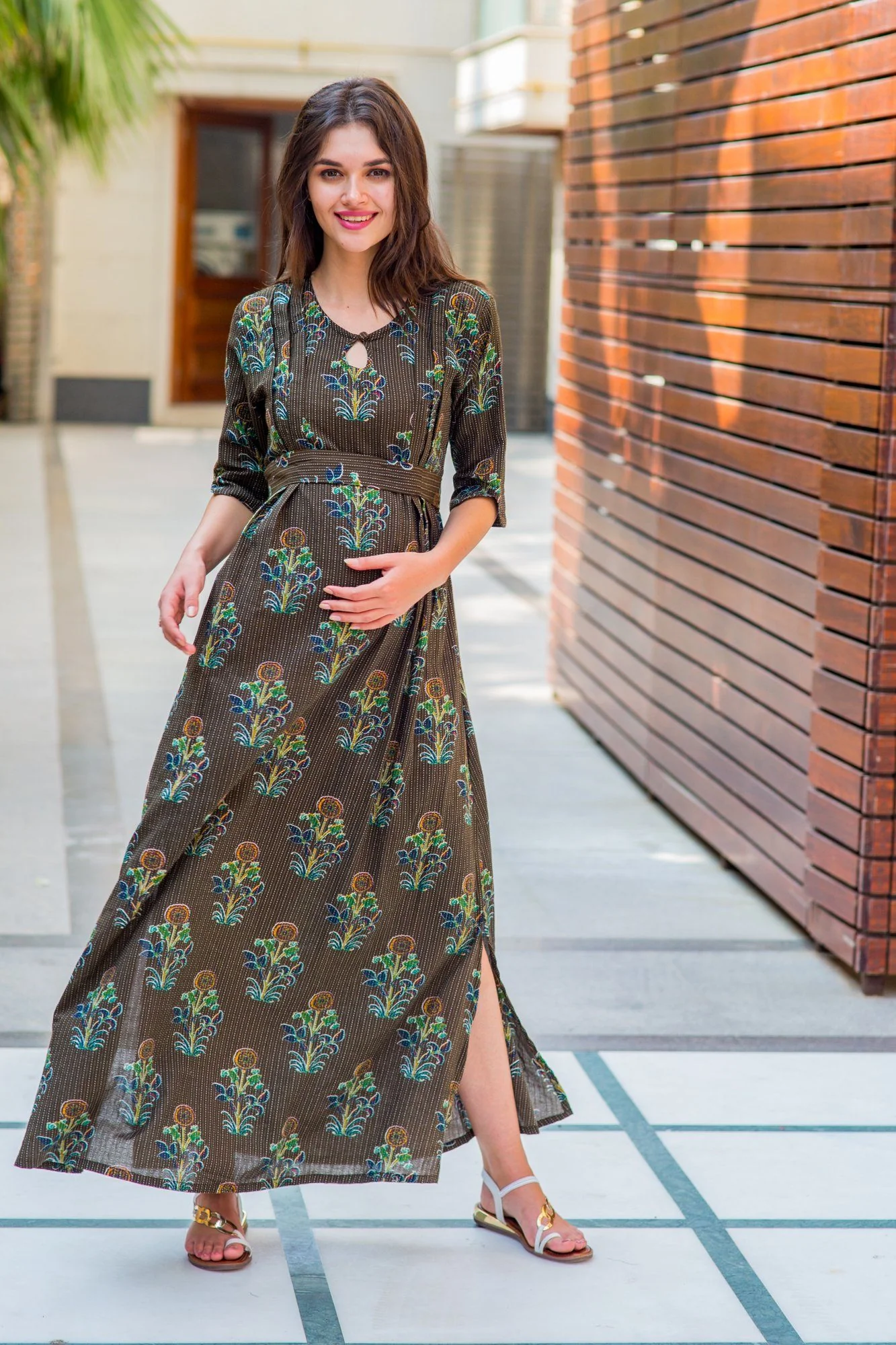 Cotton Loom Mocha Side Slit Maternity & Feeding Dress - Chenance