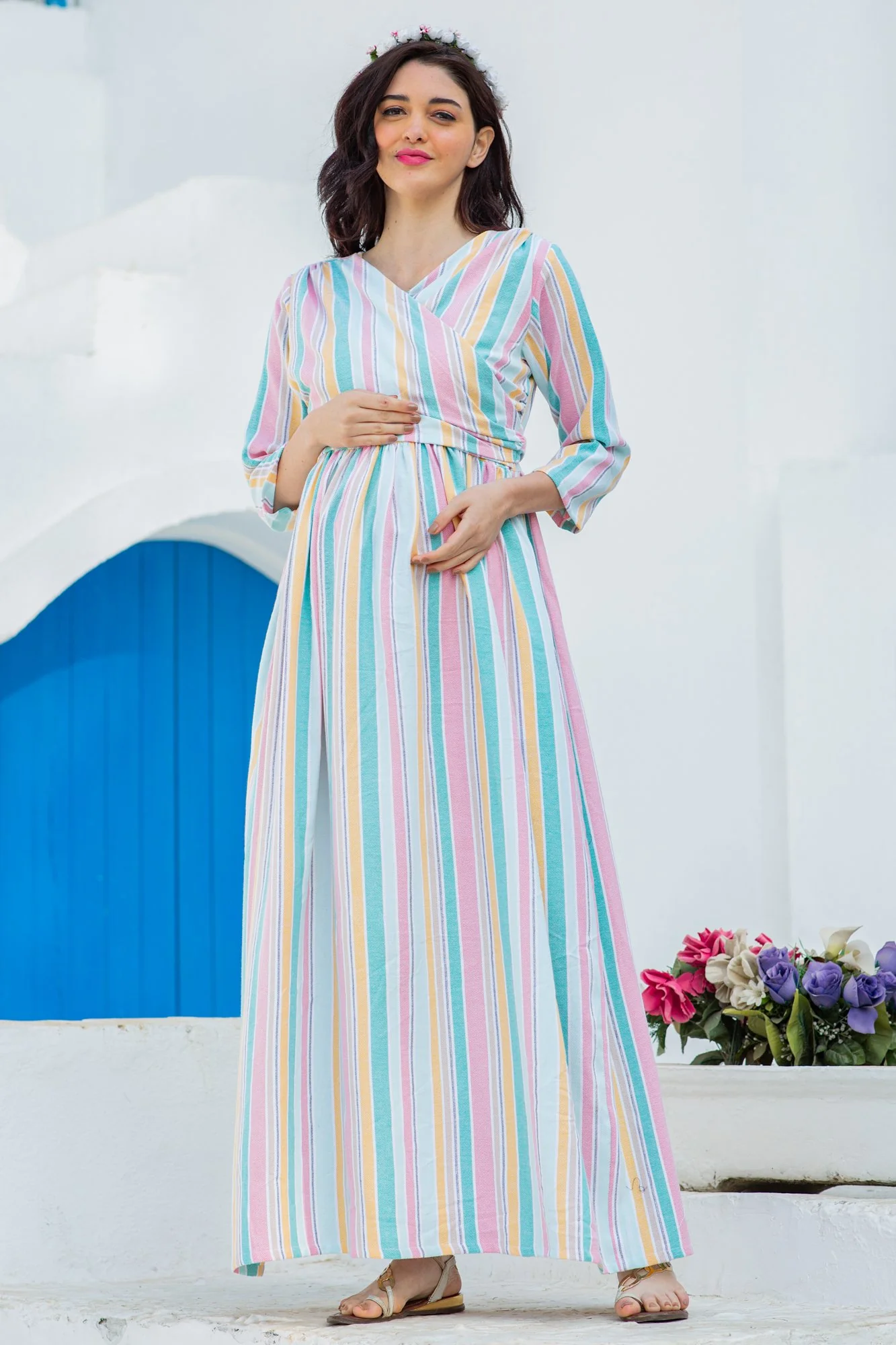 Pastel Striped Maternity & Nursing Wrap Dress - Chenance