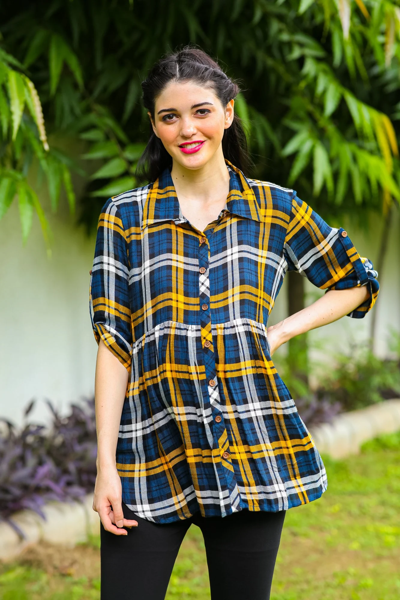 Classy Plaid Gathered Maternity & Nursing Top - Chenance