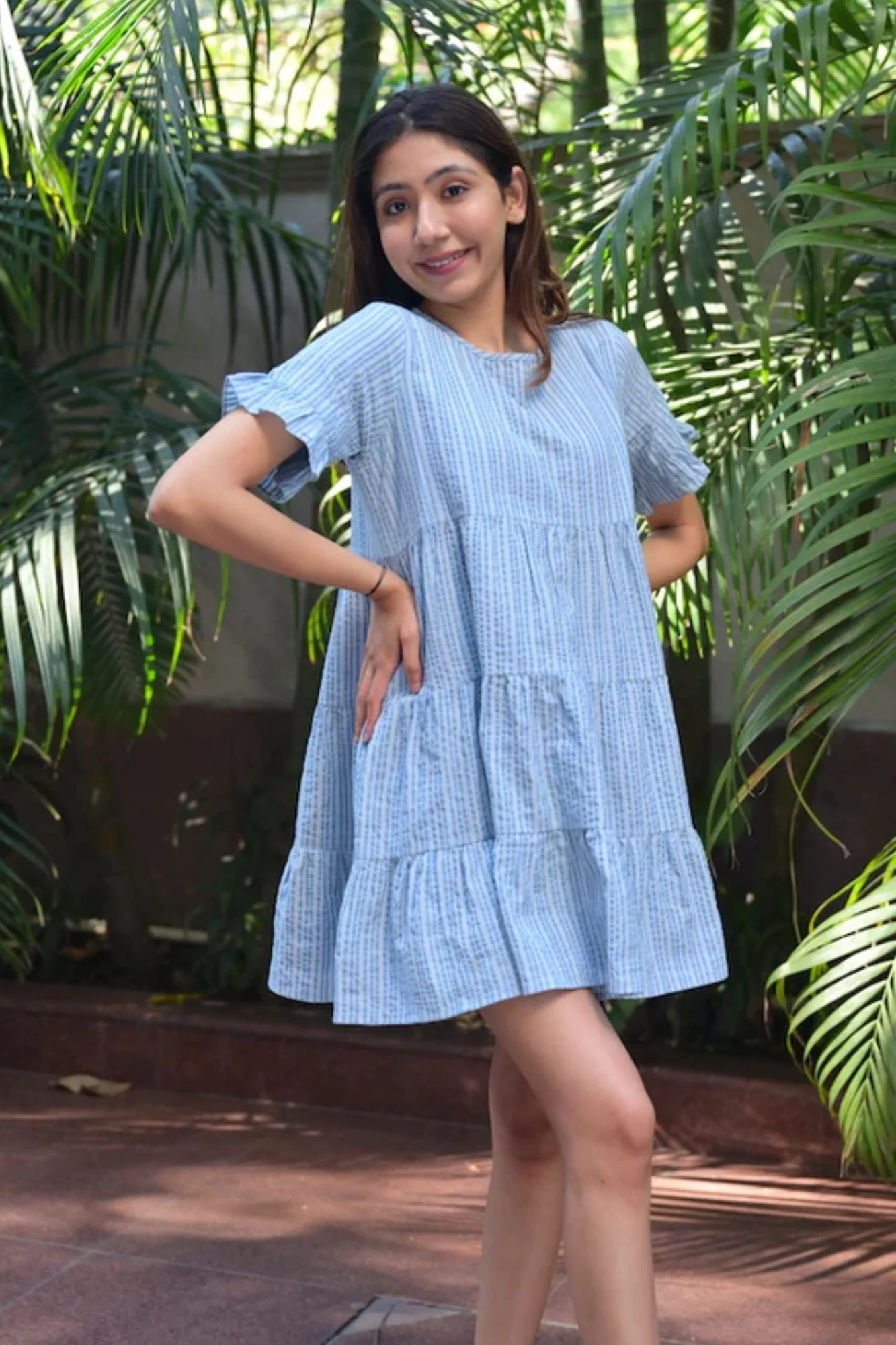 Blue Striped Maternity Tiered Dress - Chenance