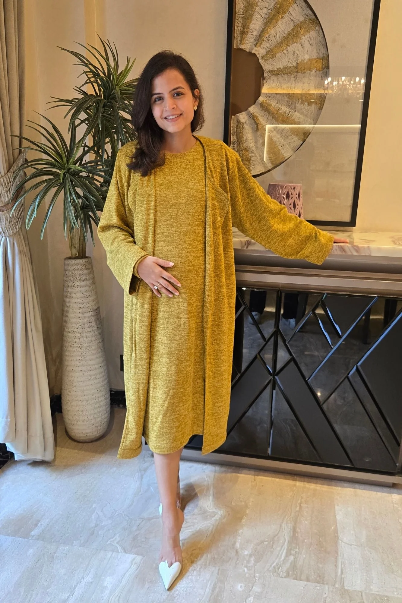 Breezy Mustard Maternity Winter Dress With Cover Up (2pc) - Chenance