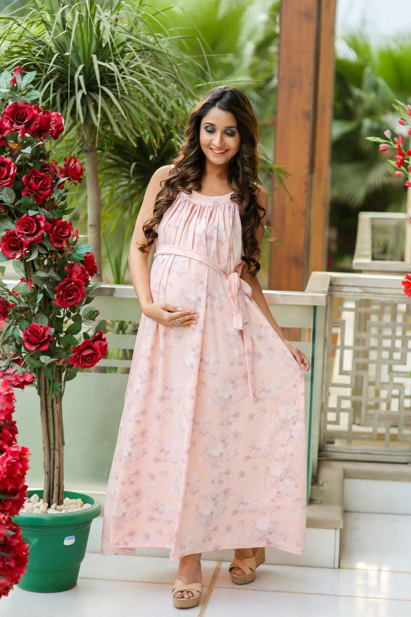 Paradise Peach Crepe Sleeveless Maternity Maxi Dress - Chenance