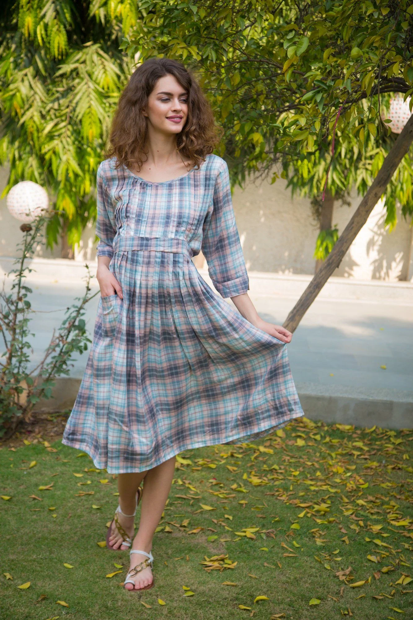Peach Plaid Pintucks Maternity & Nursing Dress - Chenance