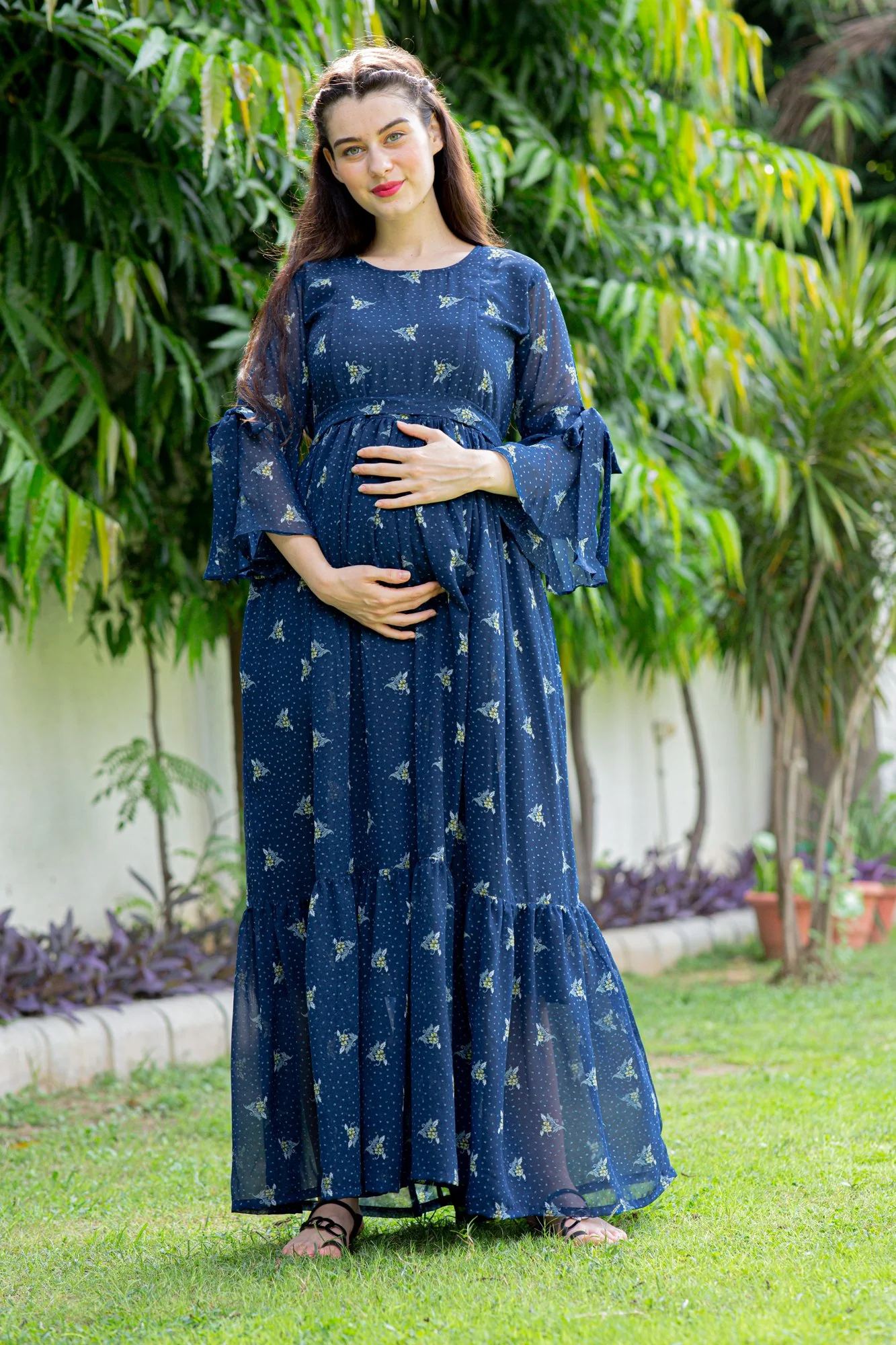 Blue High Maternity & Nursing Frill Dress - Chenance