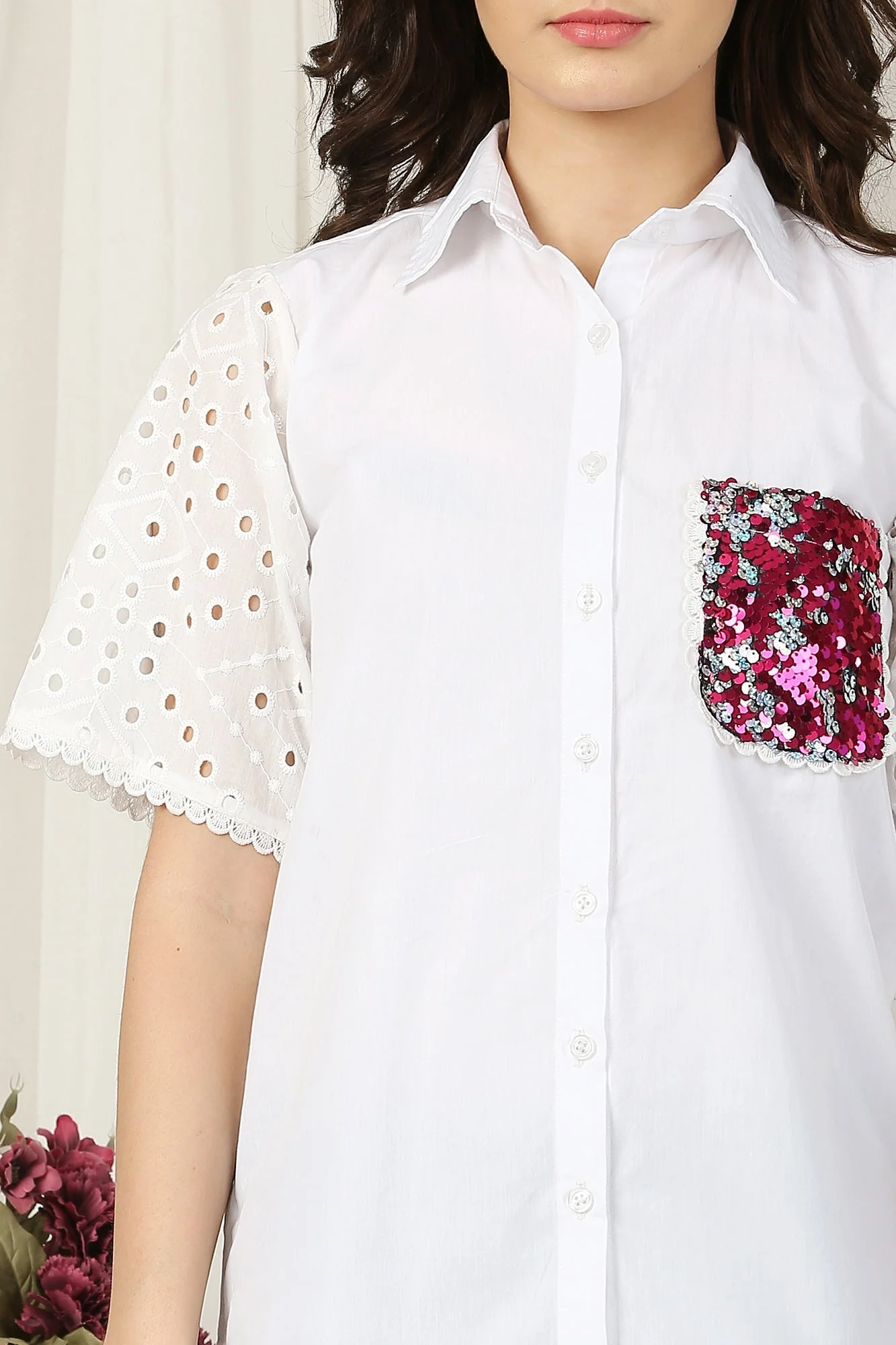 Women Classic Snow White Adorned Pocket Shirt (100% Cotton) - Chenance
