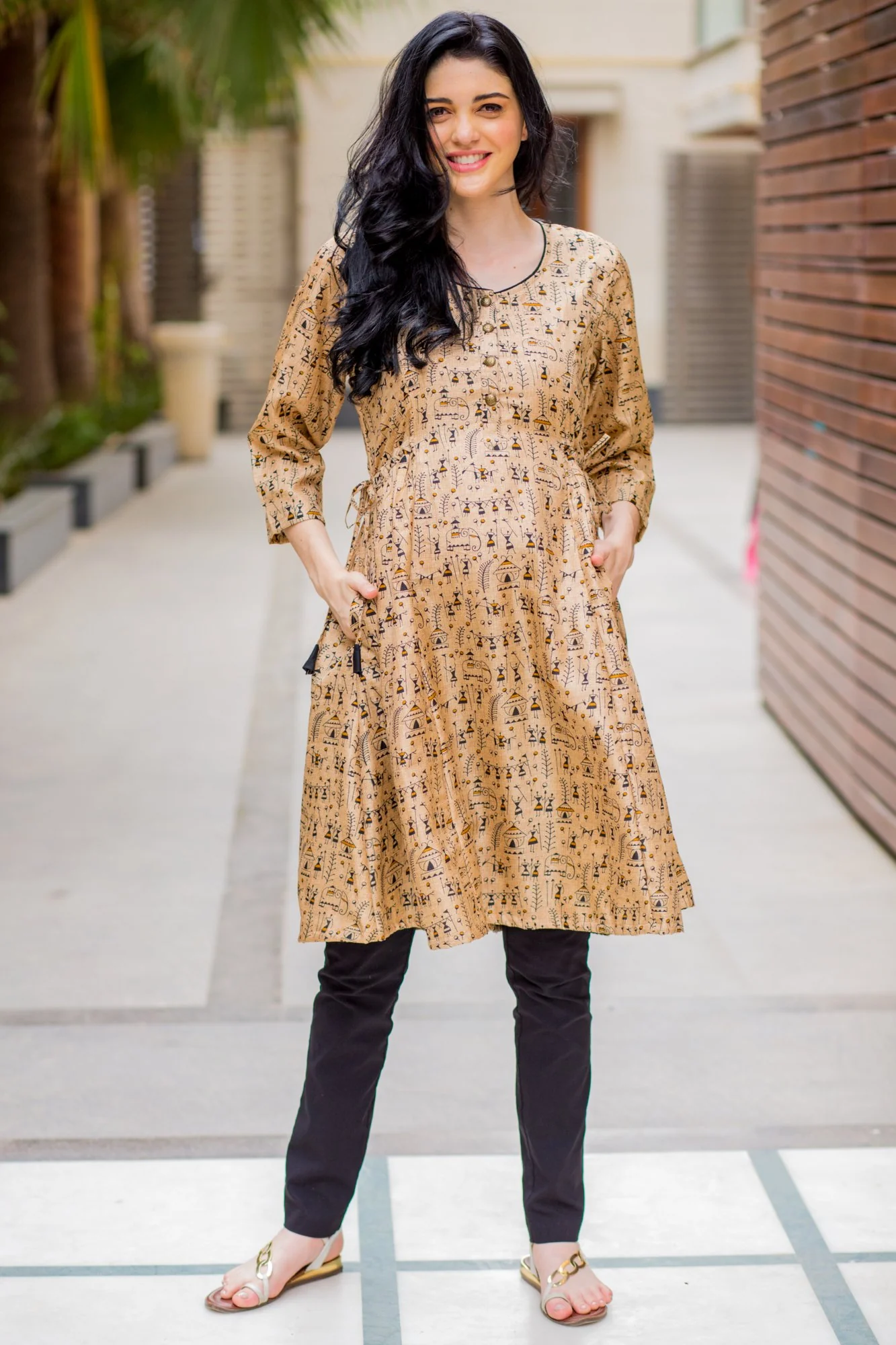 Beige Worli Maternity & Nursing Side Tie Kurta Dress - Chenance