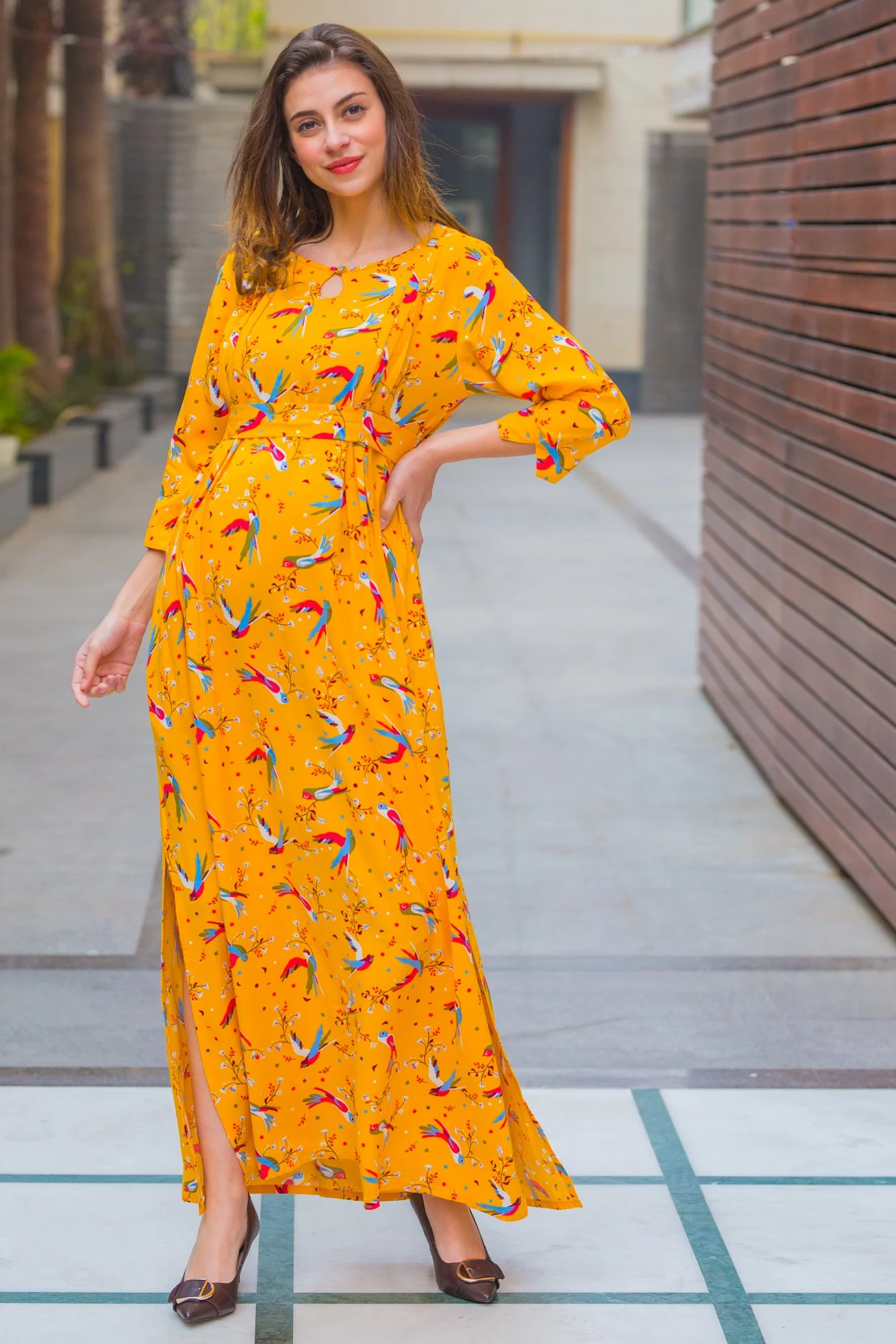 Yellow Birds Side Slits Maternity & Nursing Dress - Chenance