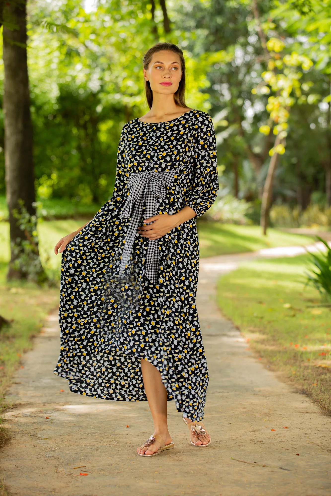 Black Floral Dual Bow High-Low Maternity & Nursing Dress - Chenance