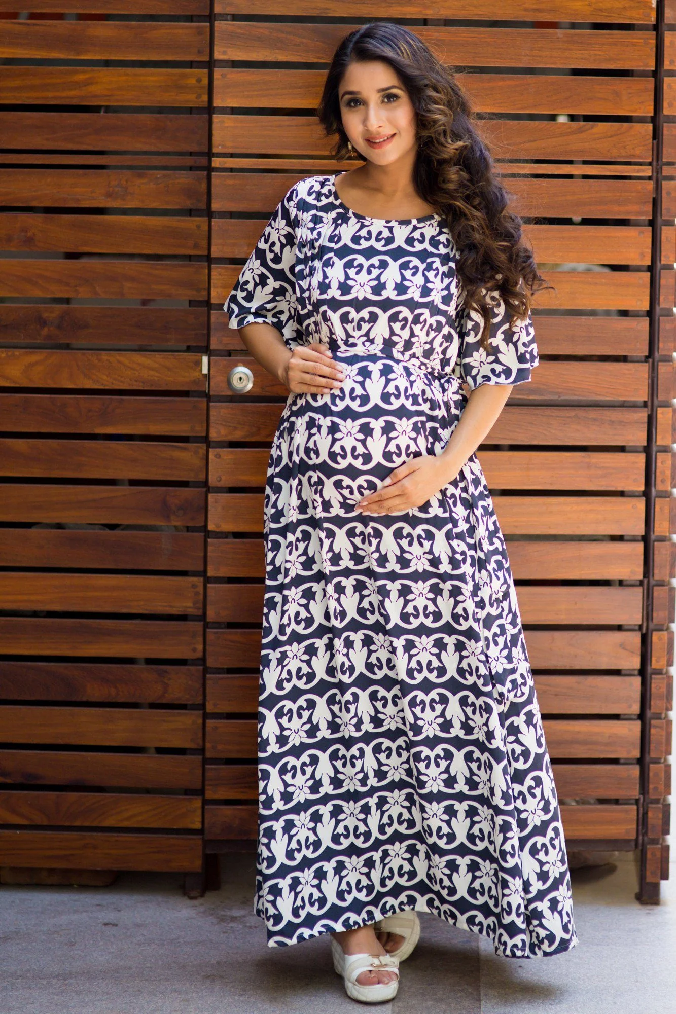 Baroque Print Discrete Zips Maternity Maxi Dress - Chenance