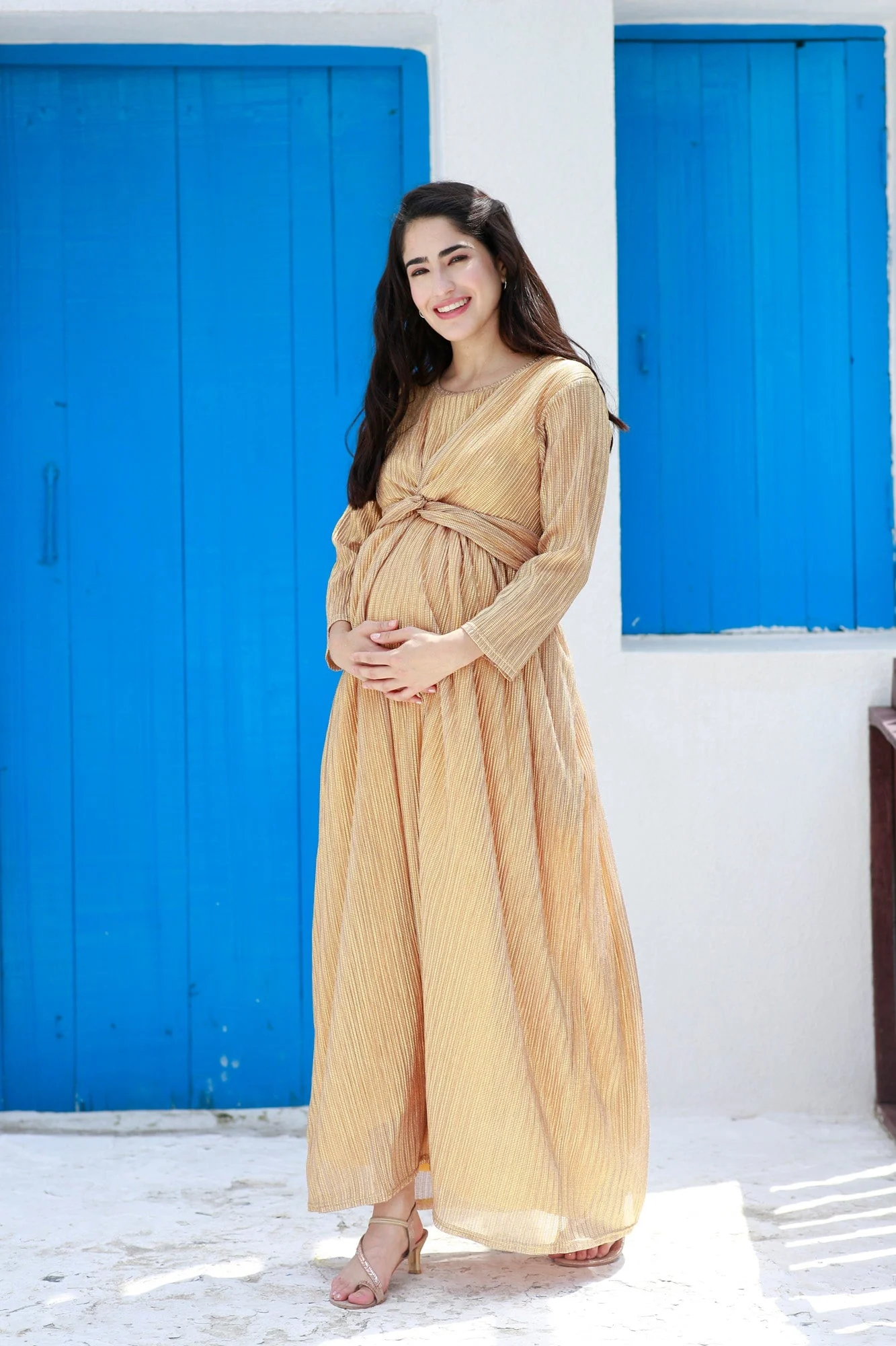 Luxe Golden Shimmery Maternity Knot Dress - Chenance