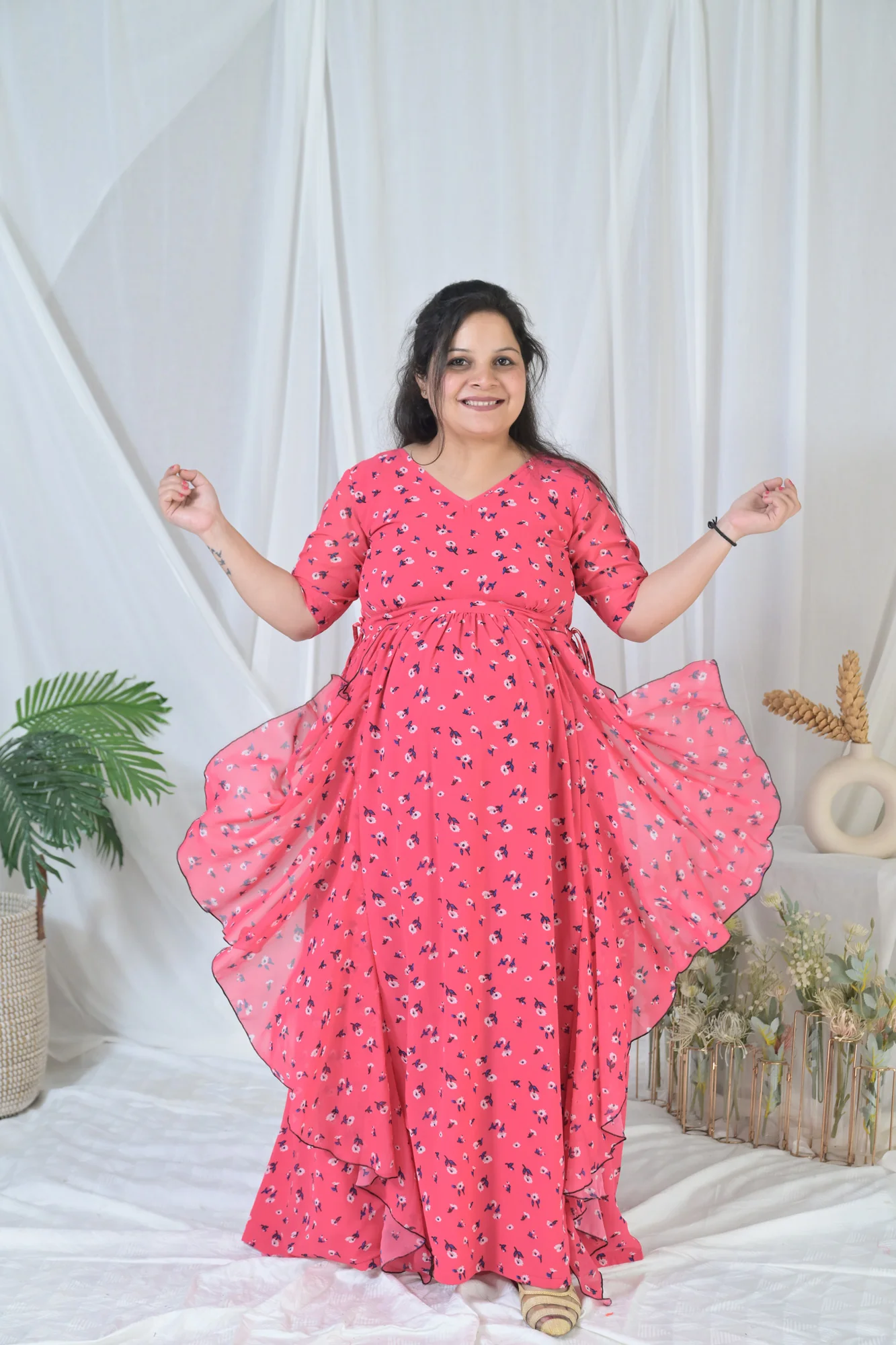 Barbie Pink Floral Maternity Flow Dress - Chenance