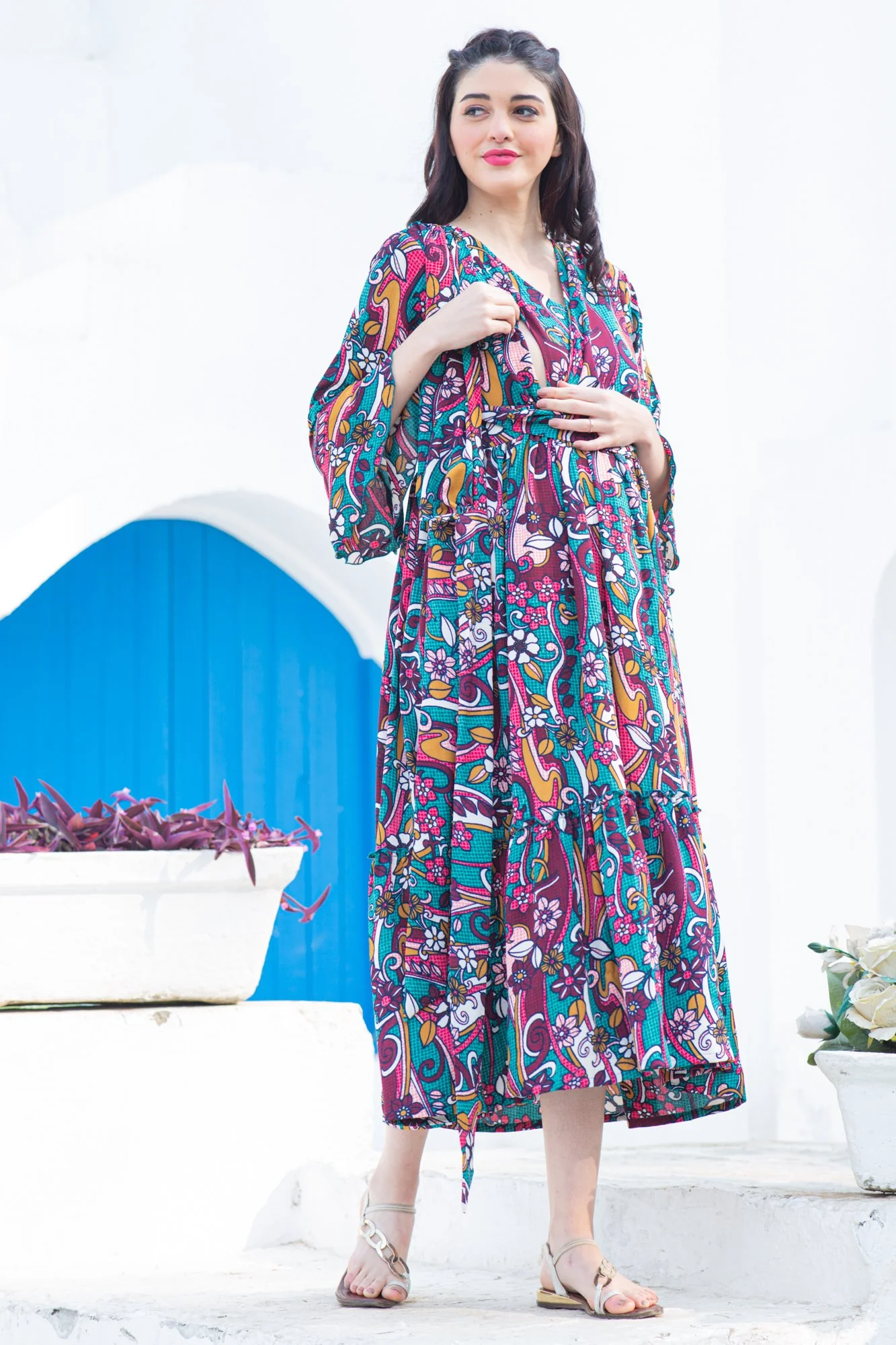 Boho Flower Frill Maternity & Nursing Midi Wrap Dress - Chenance