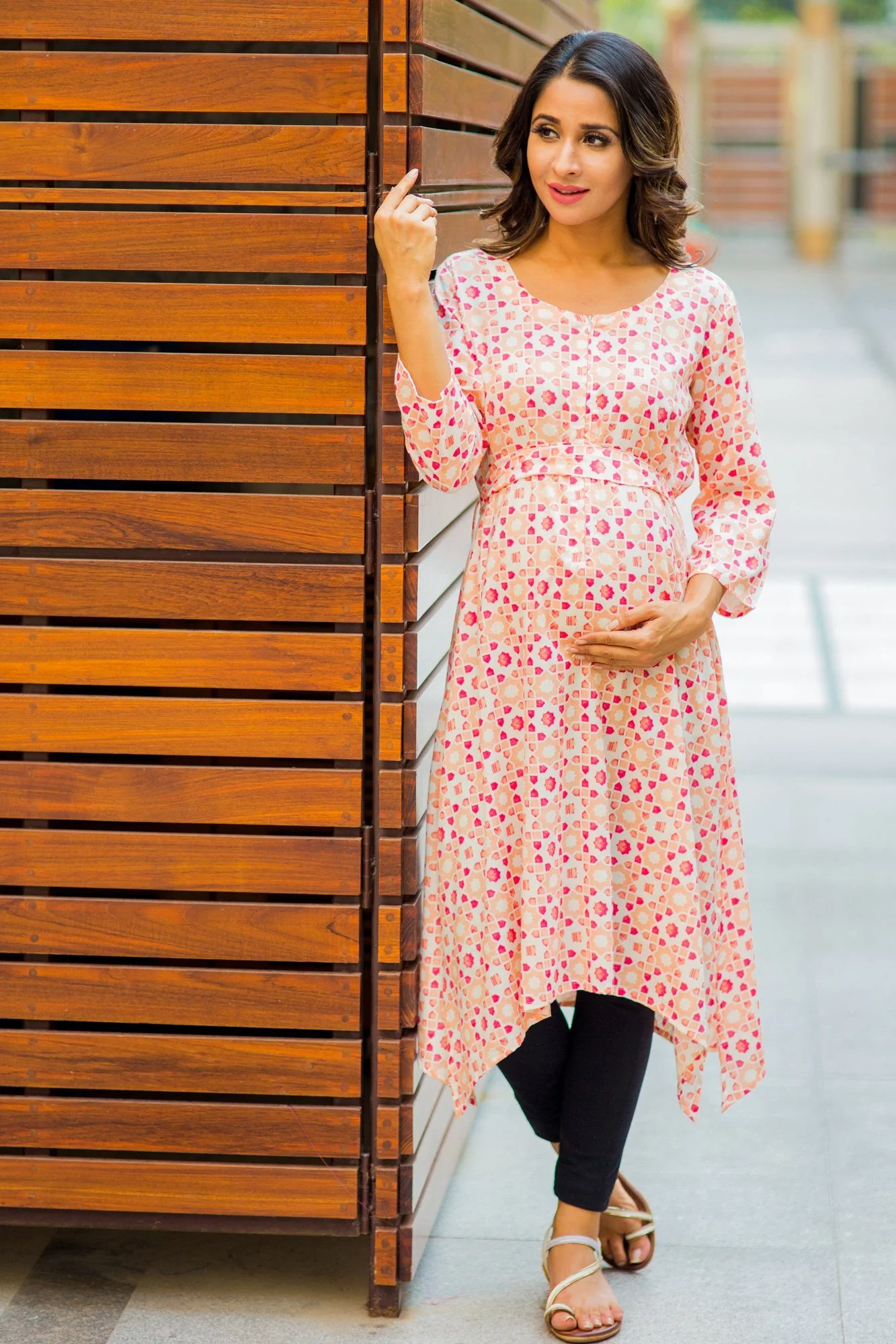 Peach & Cream Printed Maternity & Nursing Kurta - Chenance