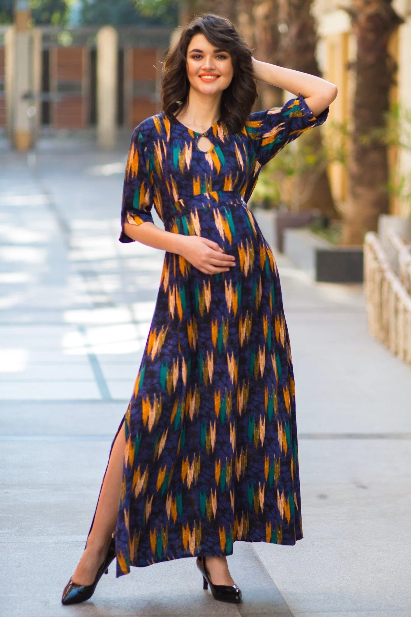 Midnight Blue Mustard Side Slit Maternity & Feeding Dress - Chenance