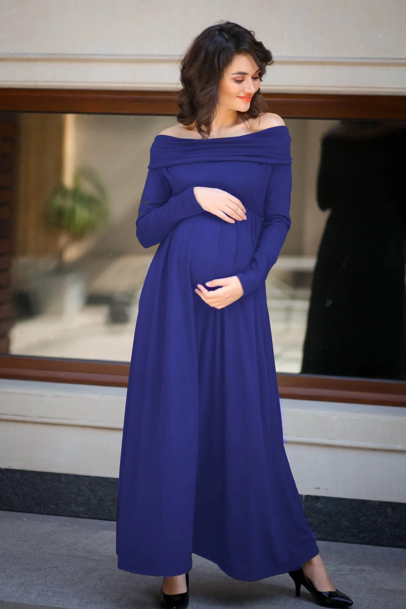 Classic Blue Cowl Neck Off-shoulder Lycra Maternity Maxi Dress - Chenance