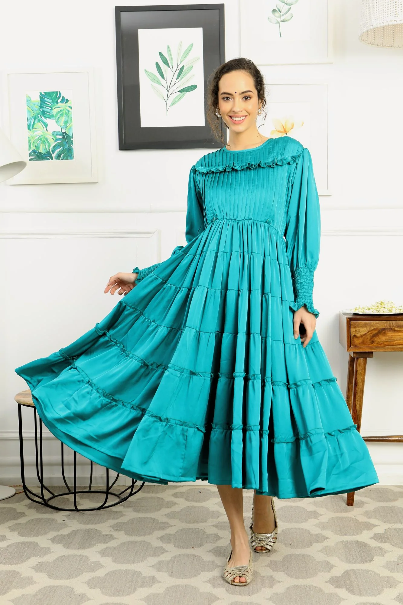 Premium Satin Emerald Green Formal Maternity & Nursing Pintucks Frill Dress - Chenance