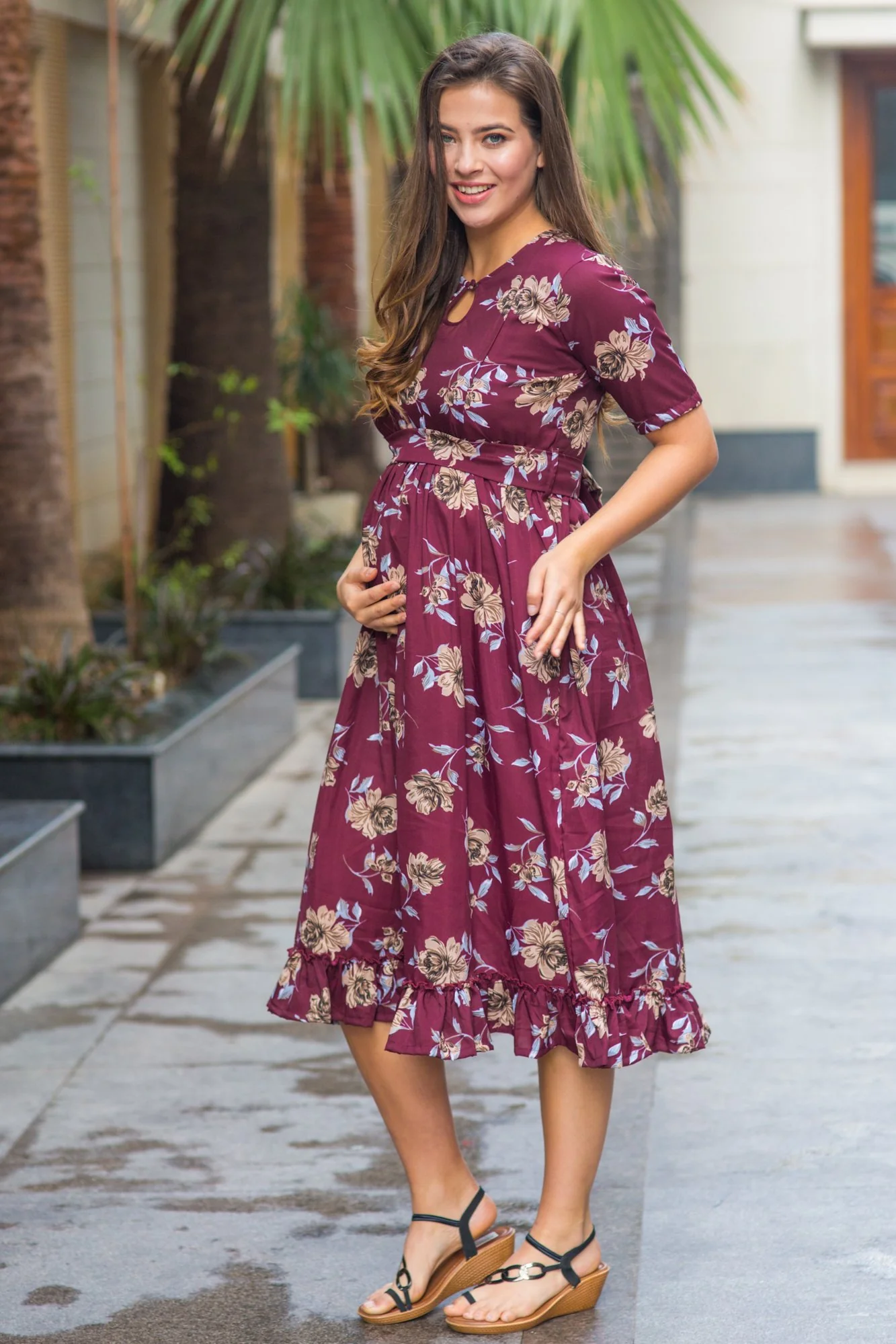 Burgandy Floral Frill Crepe Concealed Zips Maternity & Nursing Dress - Chenance