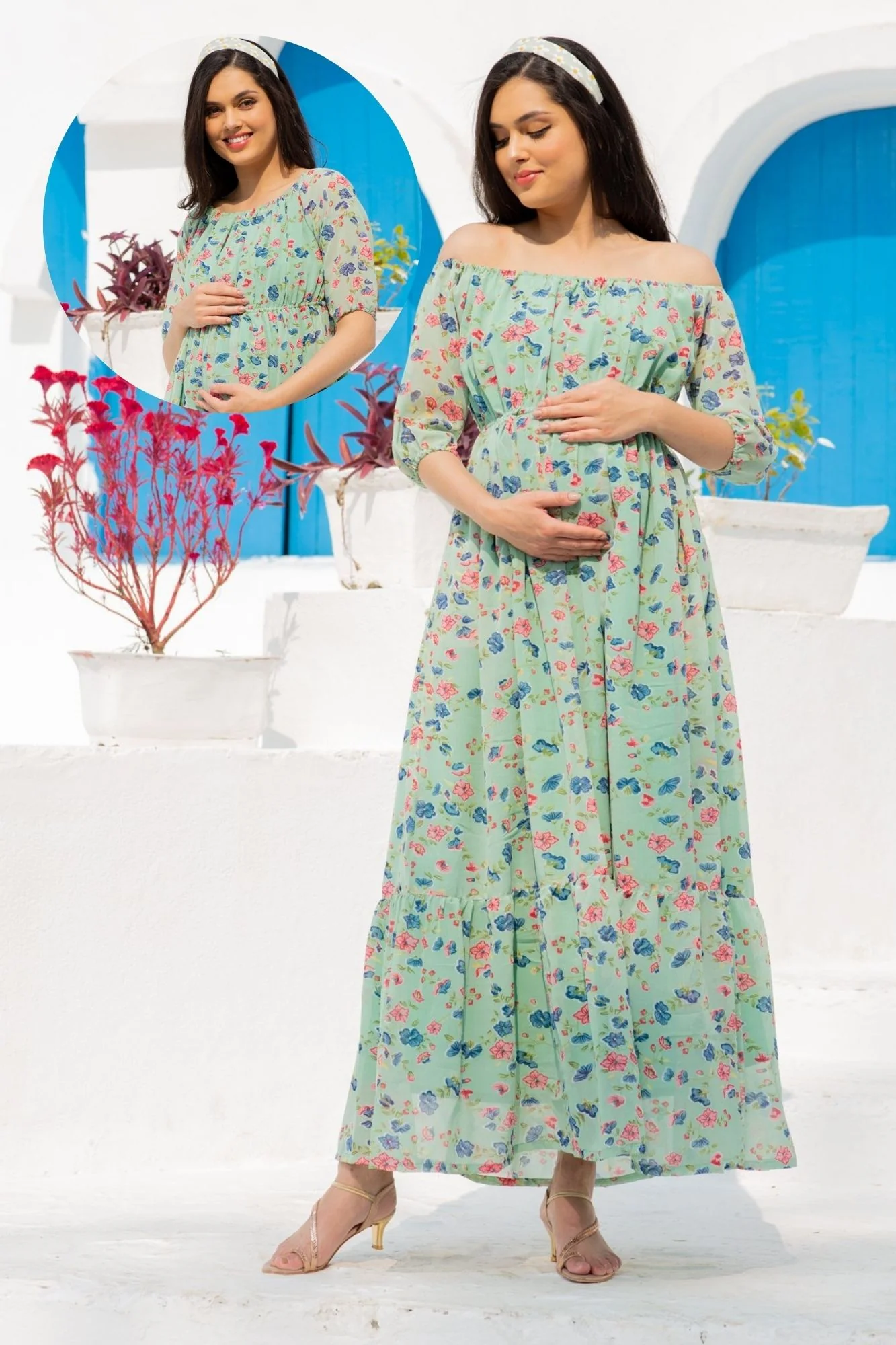 Mint Green Floral Dual Off-Shoulder Boat Neck Maternity & Nursing Maxi Dress - Chenance