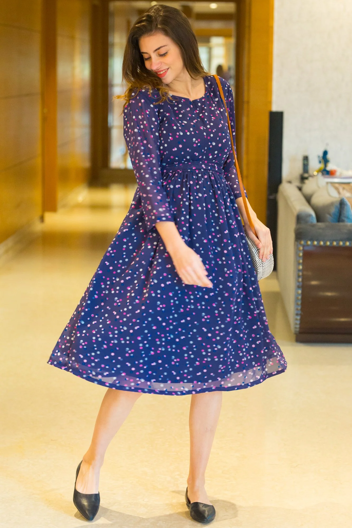 Multi Dotted Maternity & Nursing Dress - Chenance