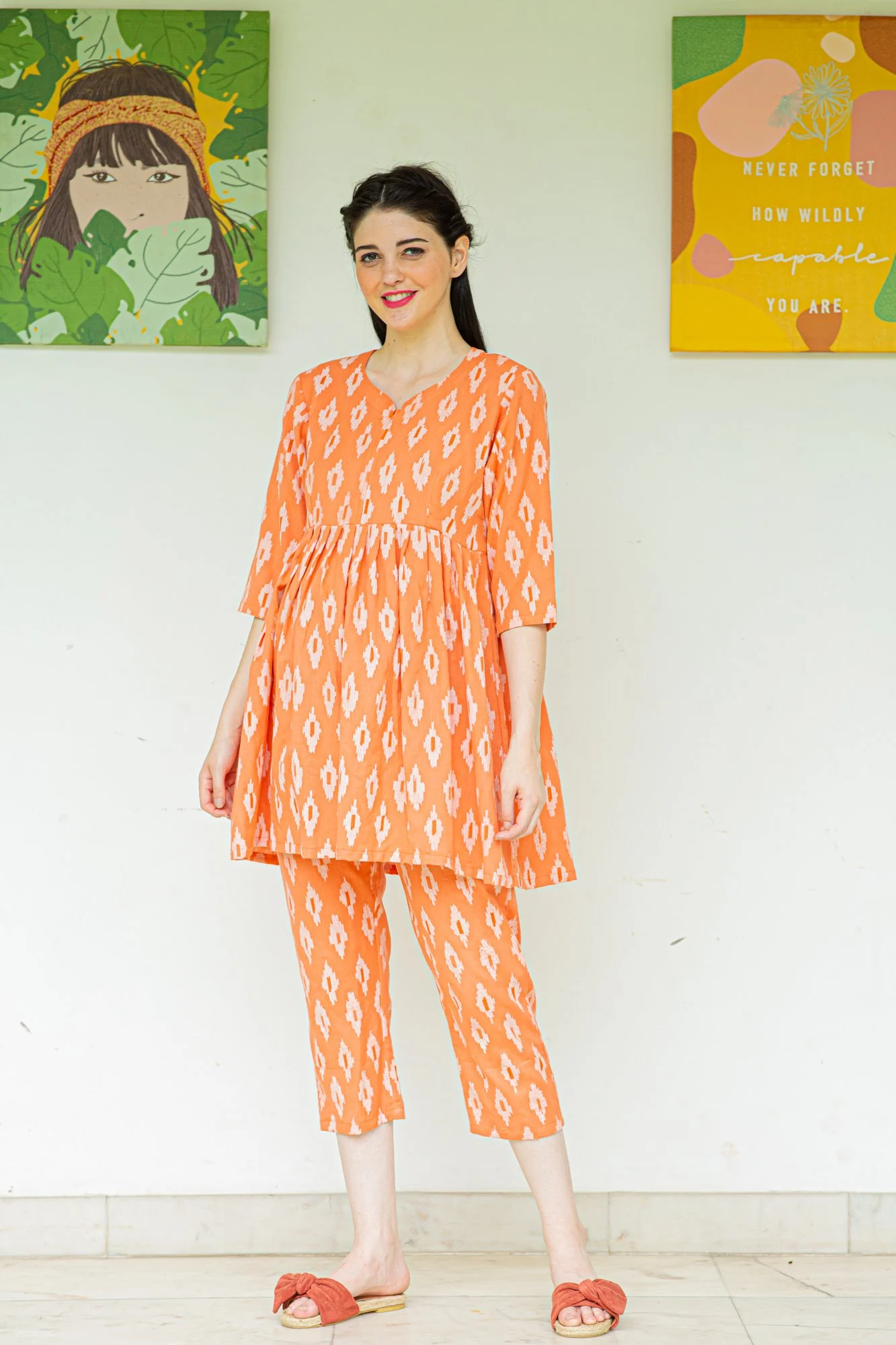 Tangy Ikat Print Maternity & Nursing Night Suit Set - Chenance