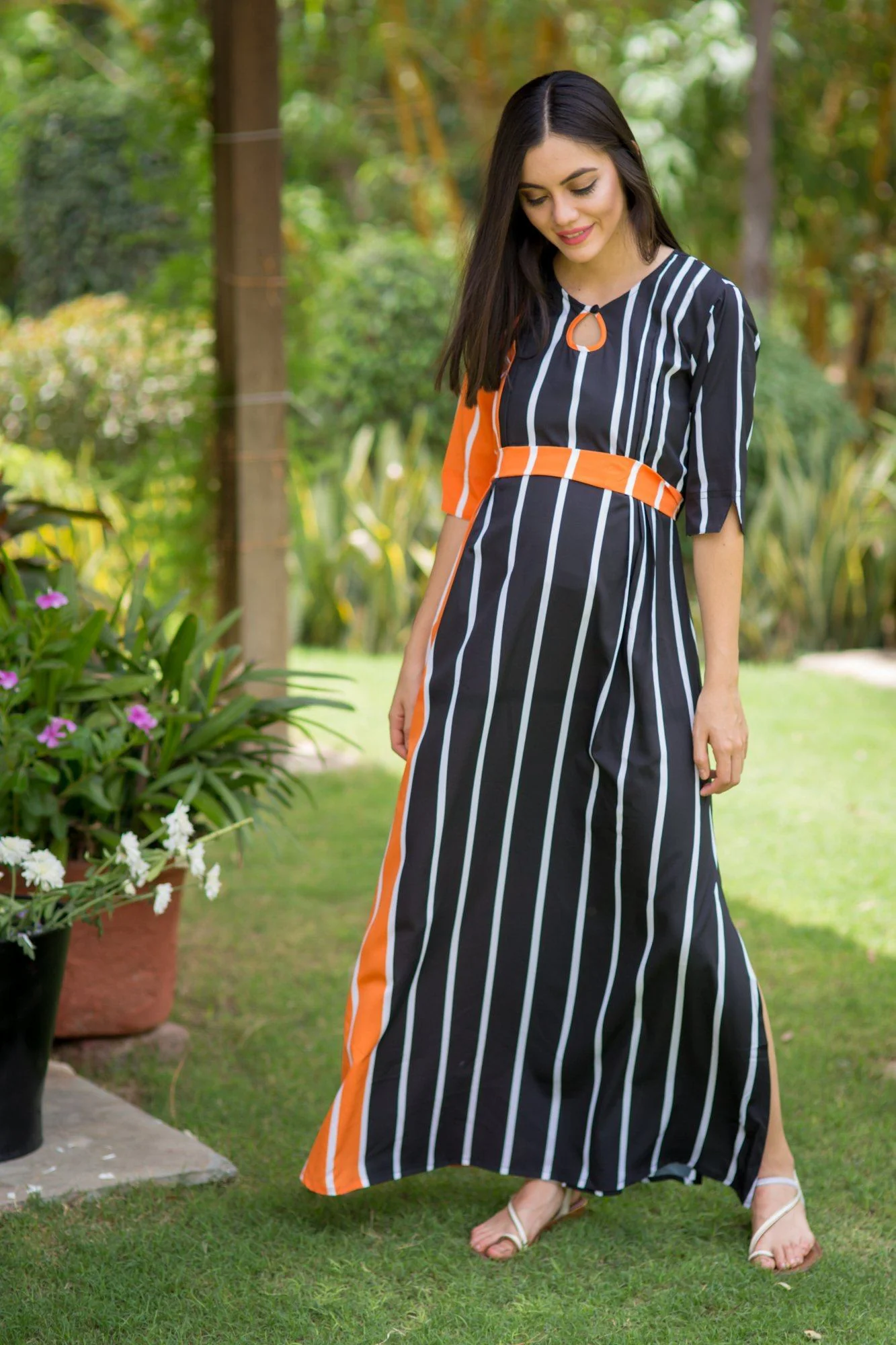 Striped Sage Side Slit Maternity & Feeding Dress - Chenance