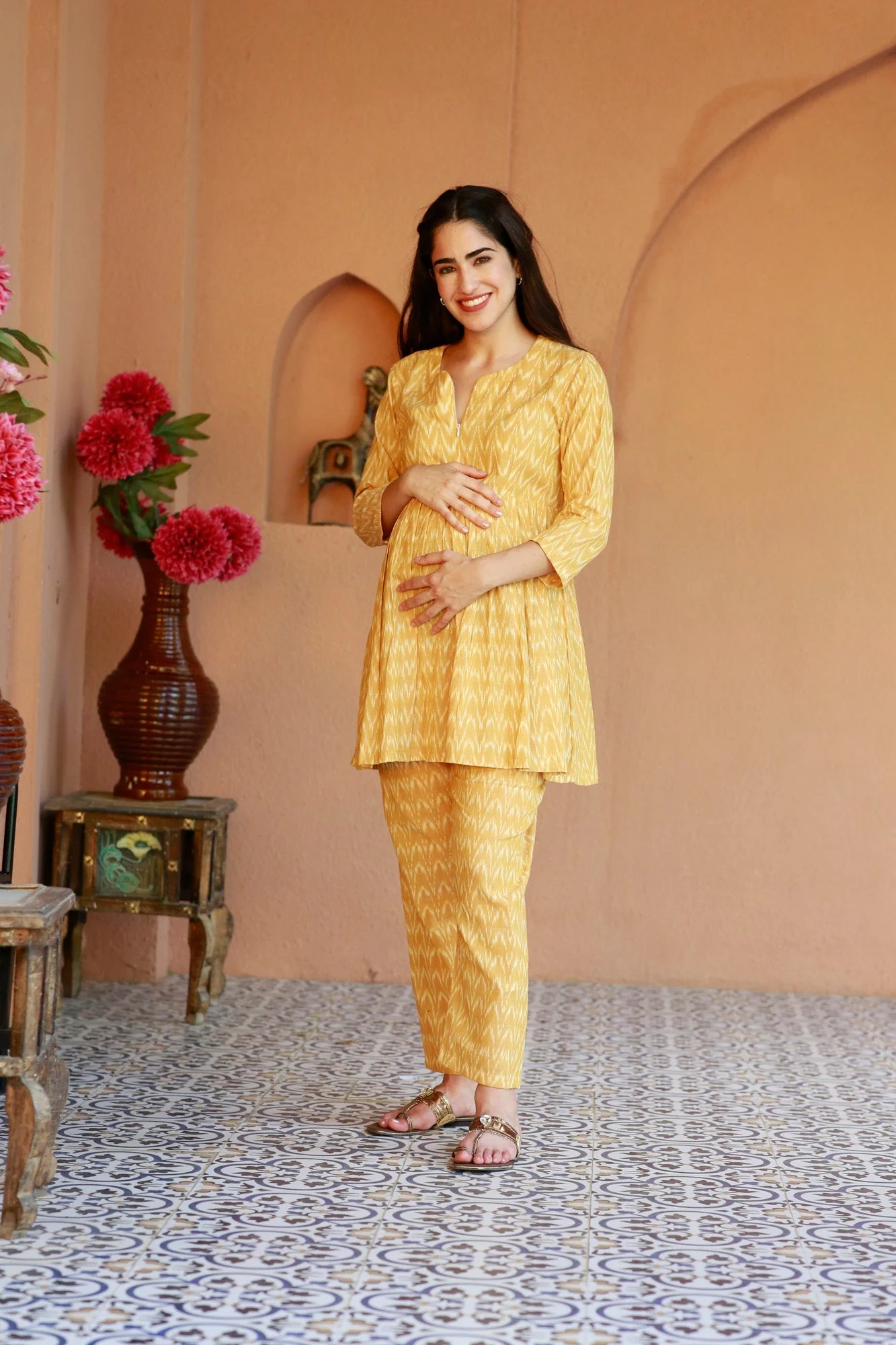 Restful Mustard Ikat Maternity & Nursing Lounge Coord Set (2Pc) (100% Cotton) - Chenance