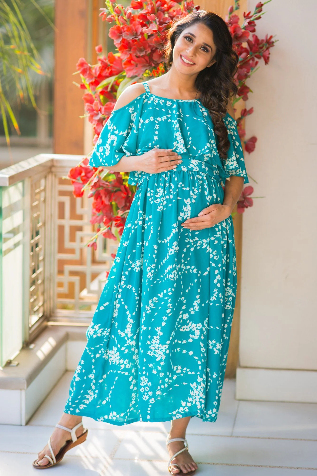 Teal Leafy Cold Shoulder Maternity & Nursing Maxi Dress - Chenance