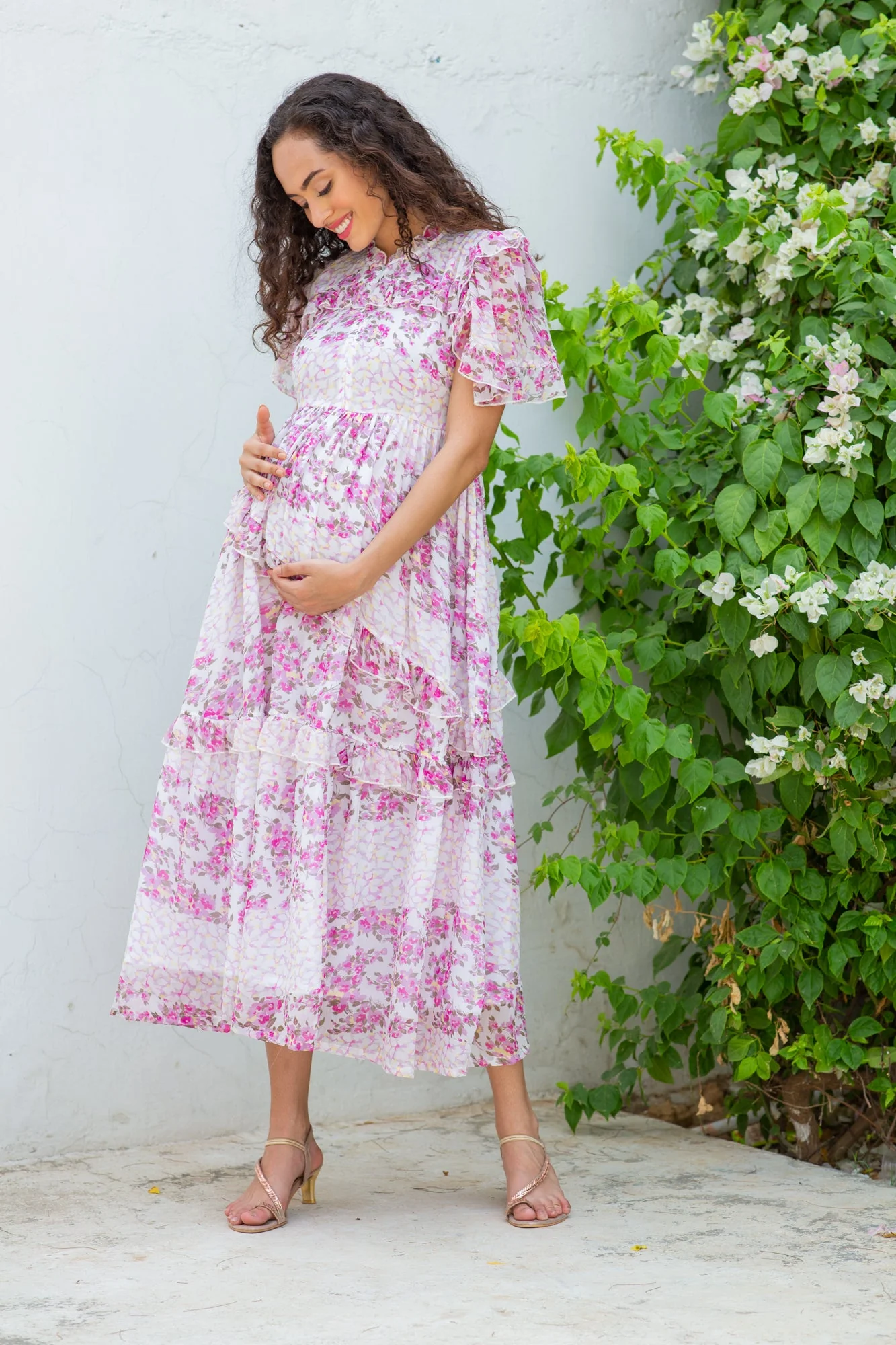 Winsome French Rose Floral Maternity & Nursing Frill Dress - Chenance
