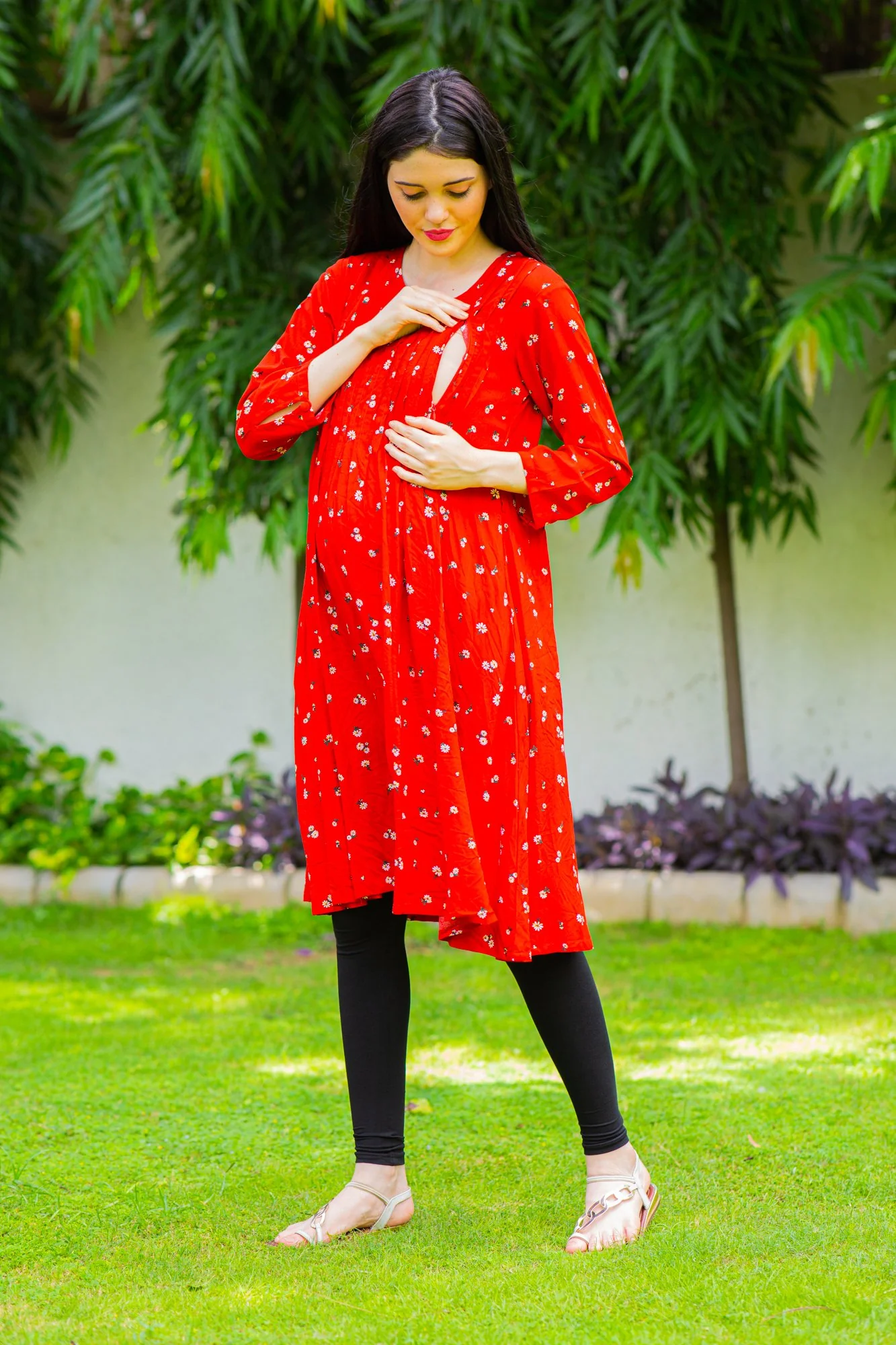 Crimson Red Maternity & Nursing Pintucks Dress - Chenance