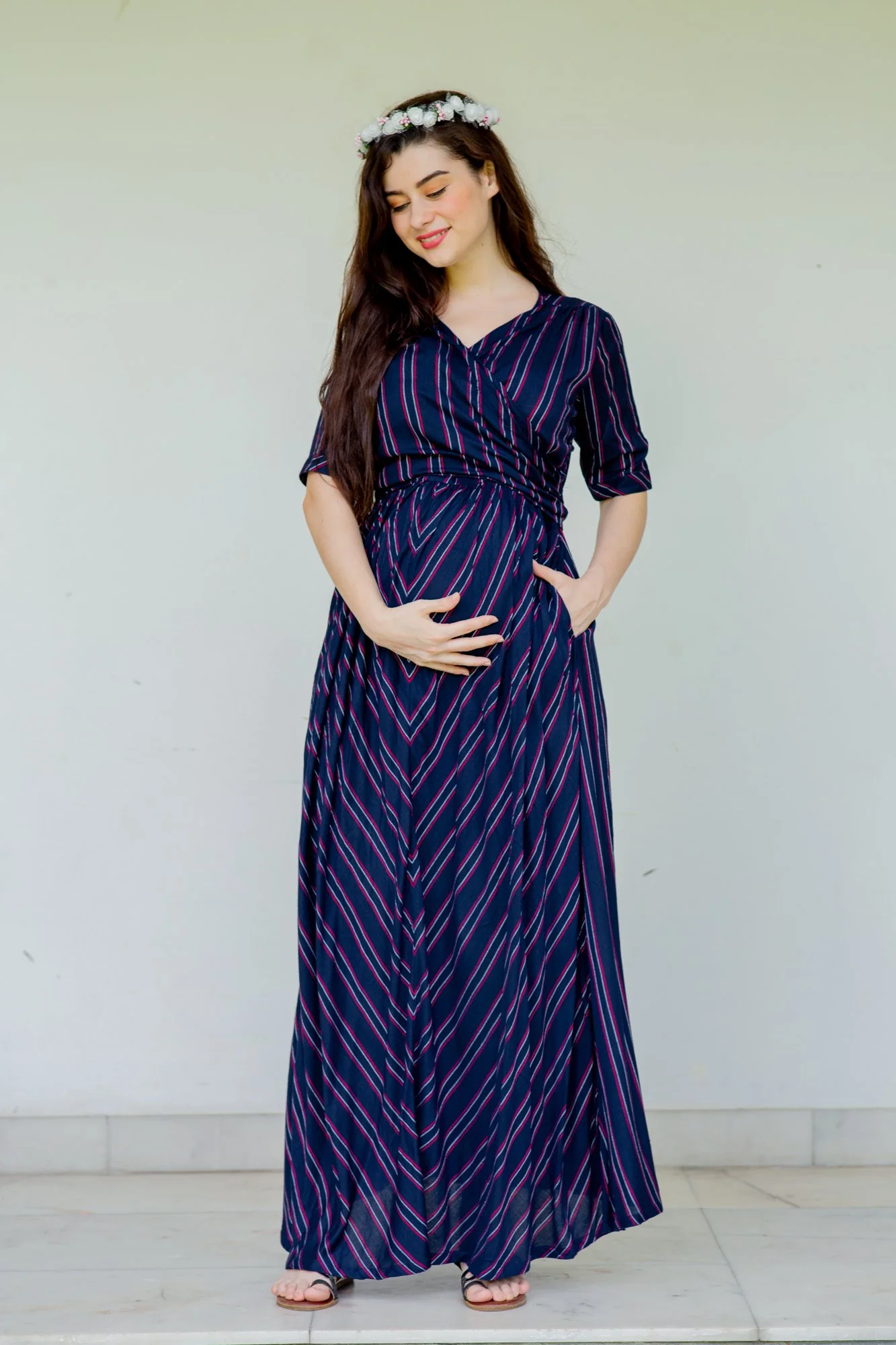 Anchor Striped Maternity & Nursing Wrap Dress - Chenance