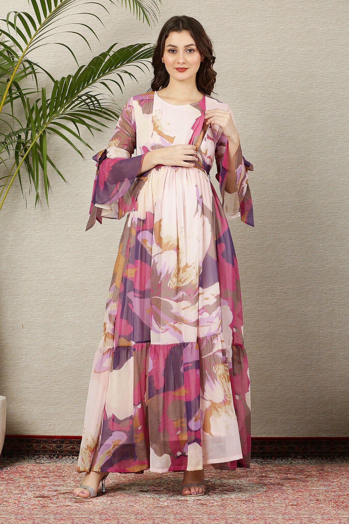 White Cascading Dusty Pinkish Maternity & Nursing Frill Dress - Chenance