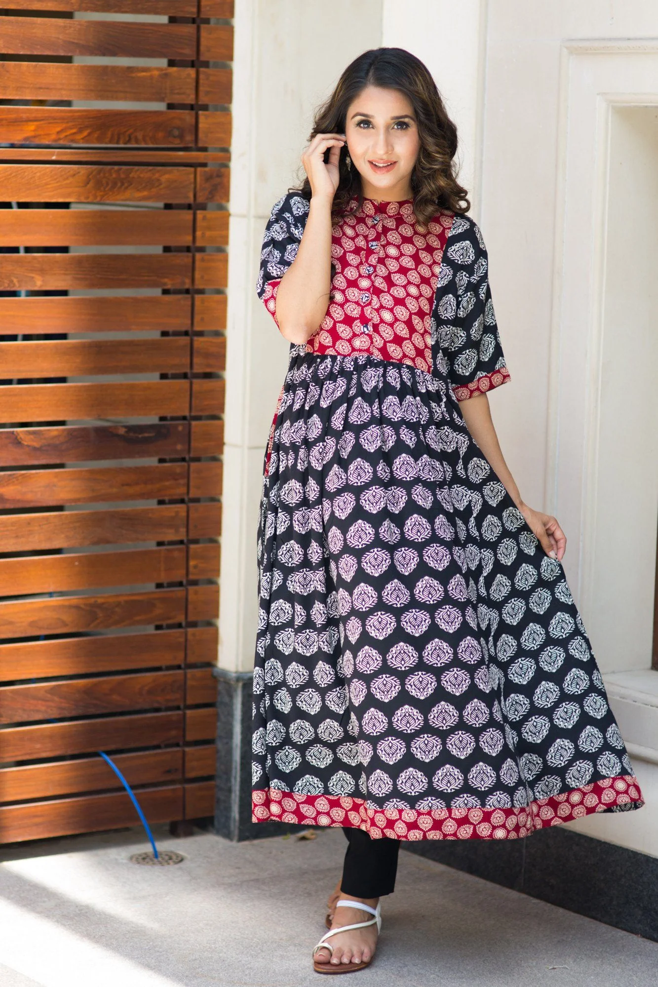 Black Maroon Hand Block Printed Nursing Kurta - Chenance