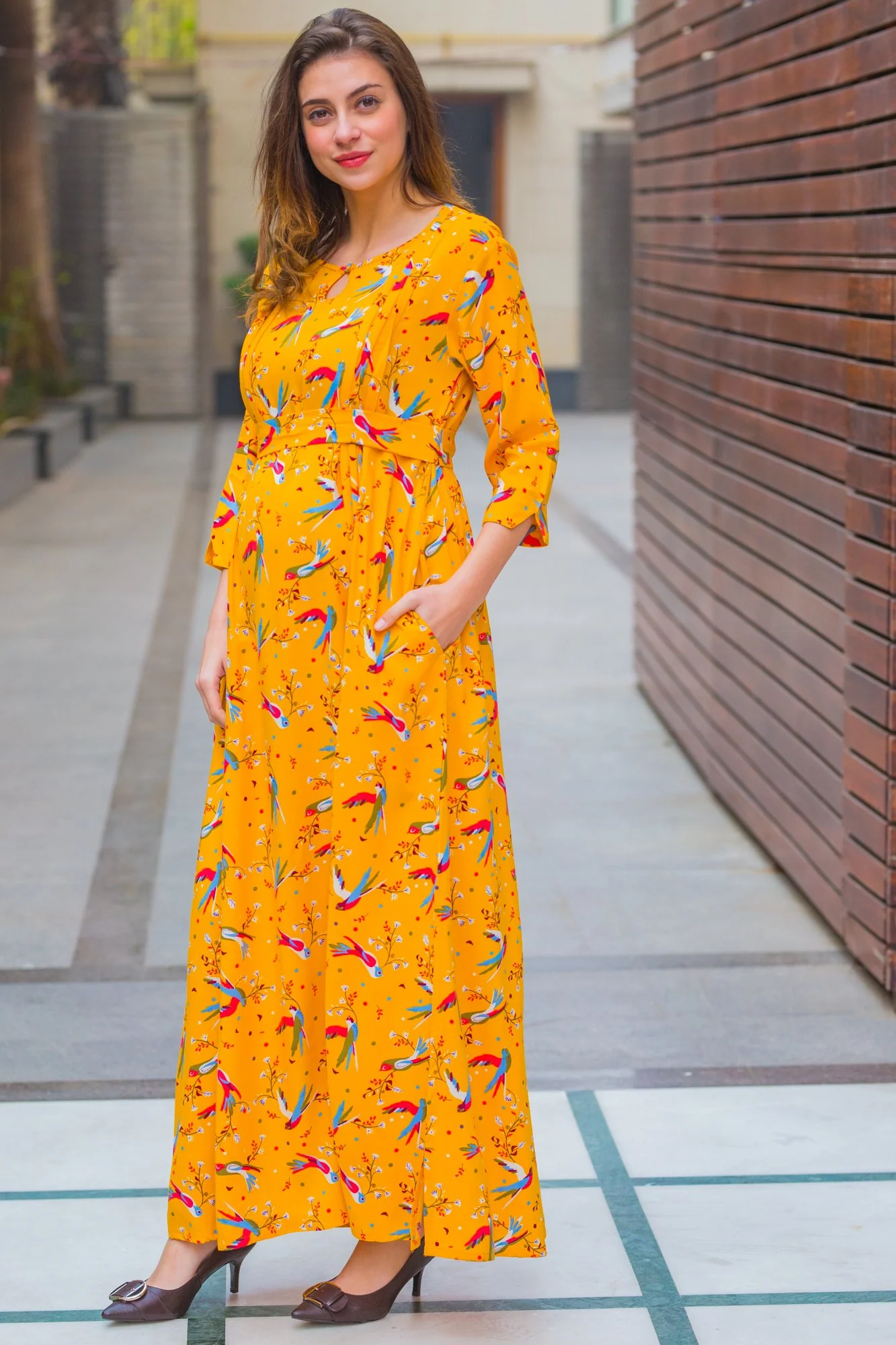 Yellow Birds Side Slits Maternity & Nursing Dress - Chenance
