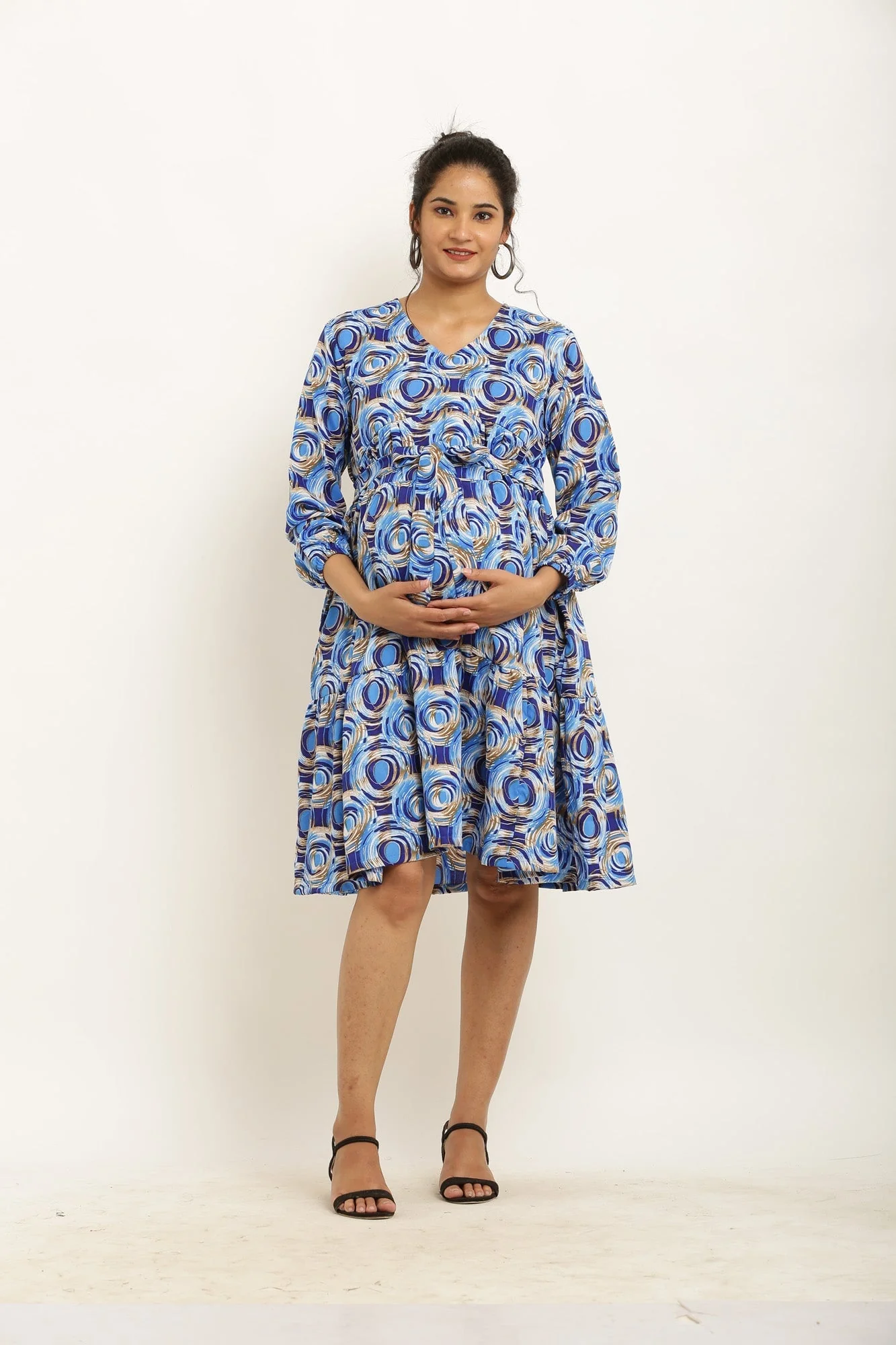 Jazzy Blue Monochrome Maternity & Nursing Layered Knee Dress - Chenance
