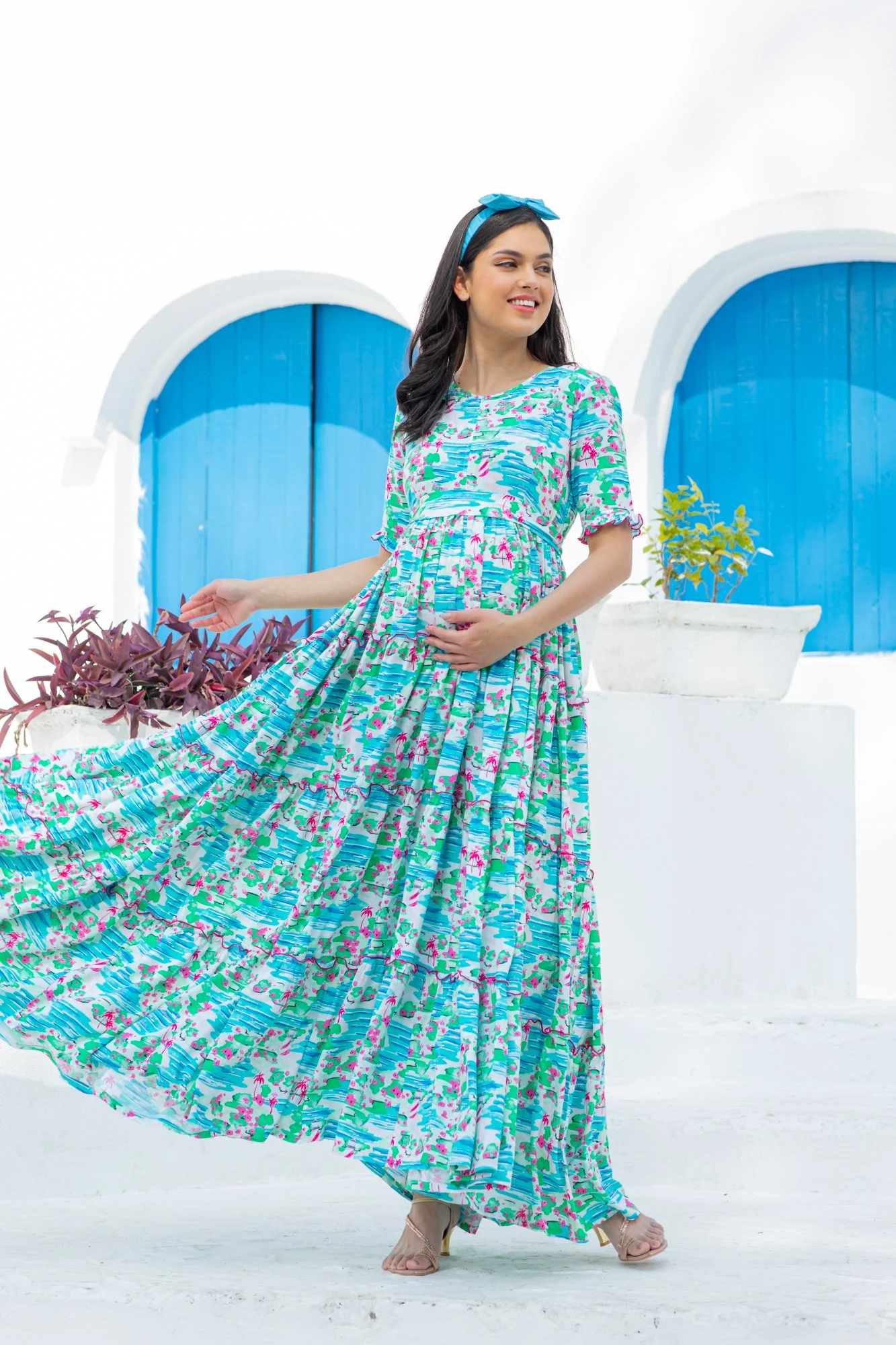 Arctic Blue Hawaii Frill Maternity & Nursing Dress - Chenance