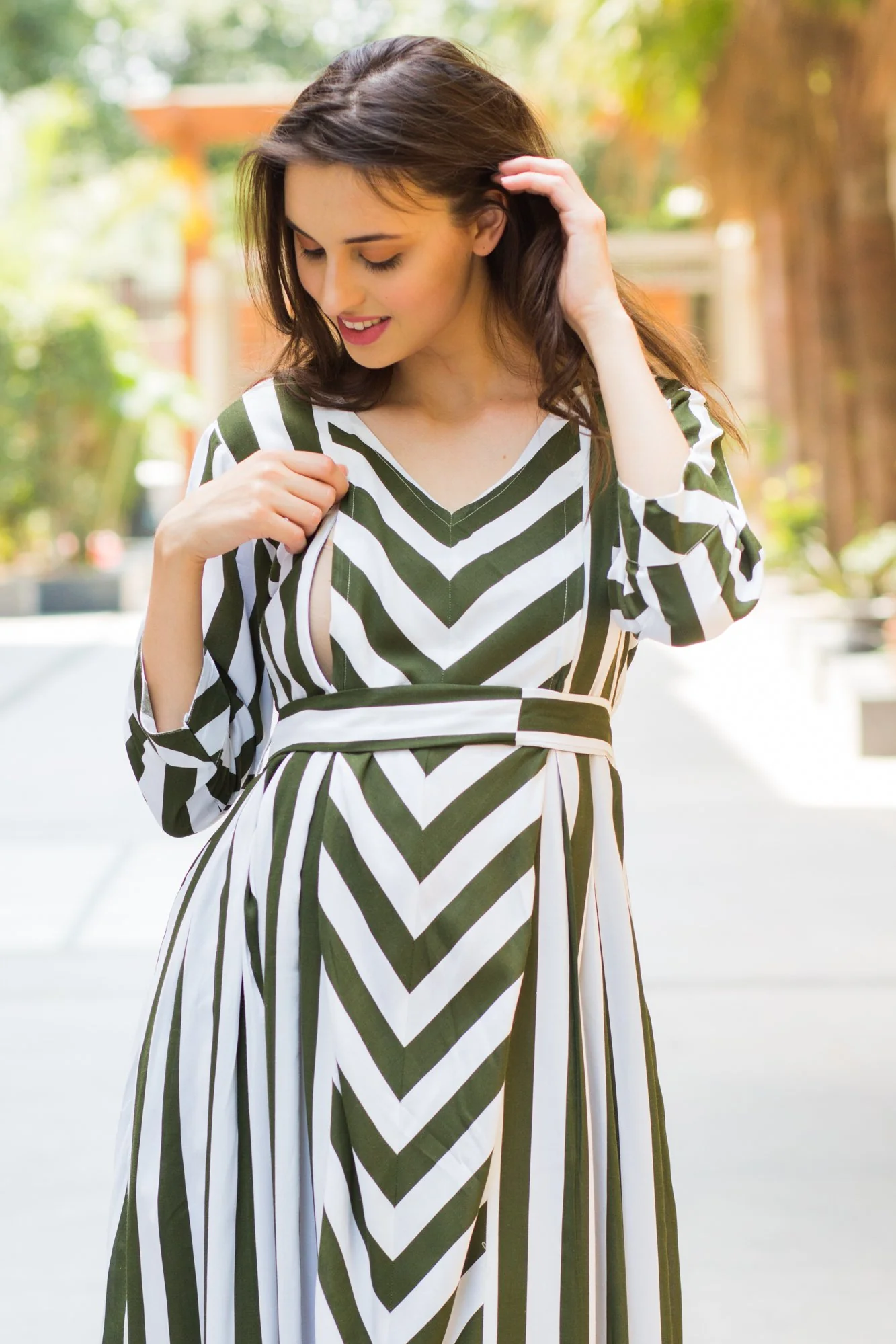 Olive Striped Maternity & Nursing Dress - Chenance