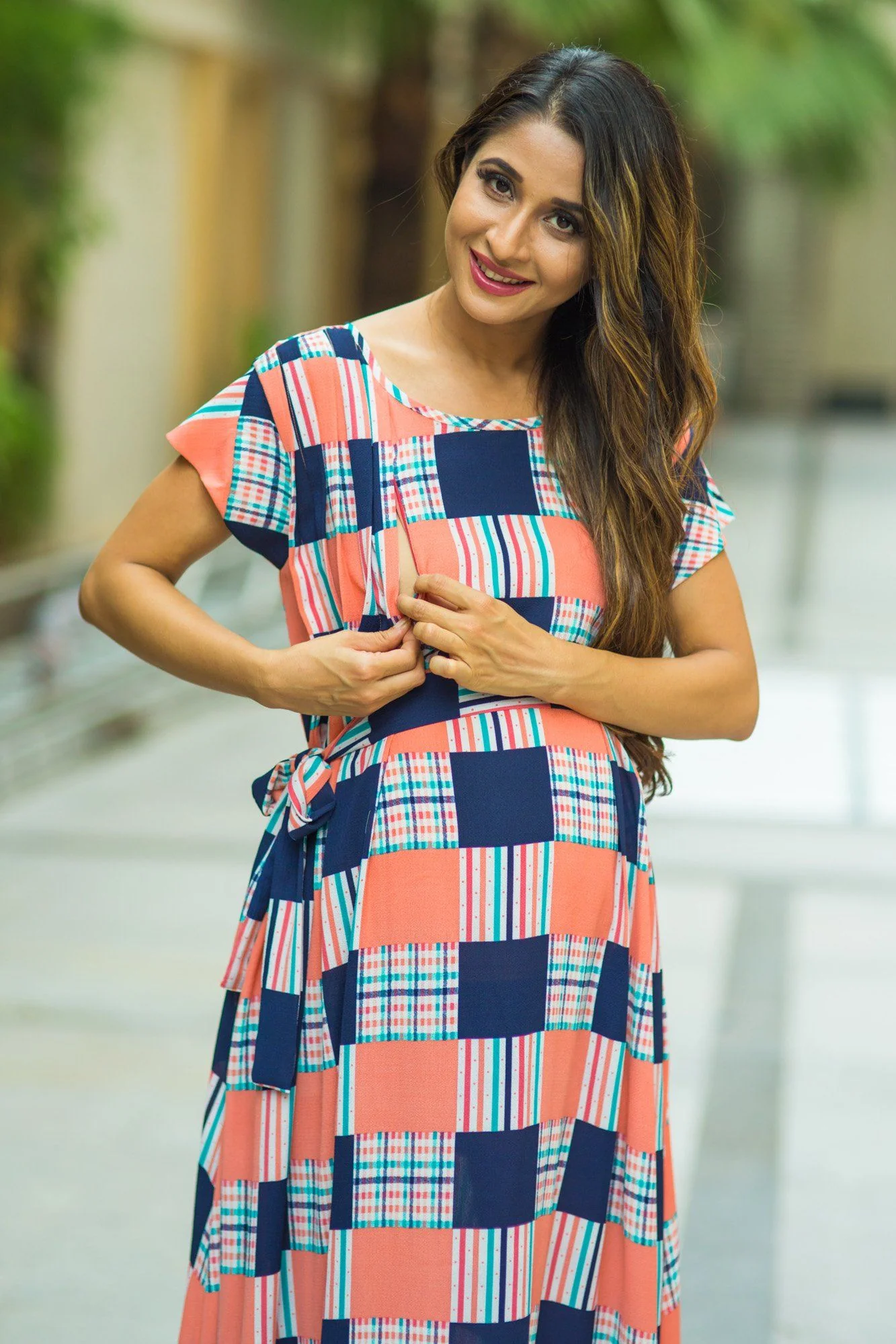 Orange Check Bubble Georgette Concealed Zips Dress - Chenance