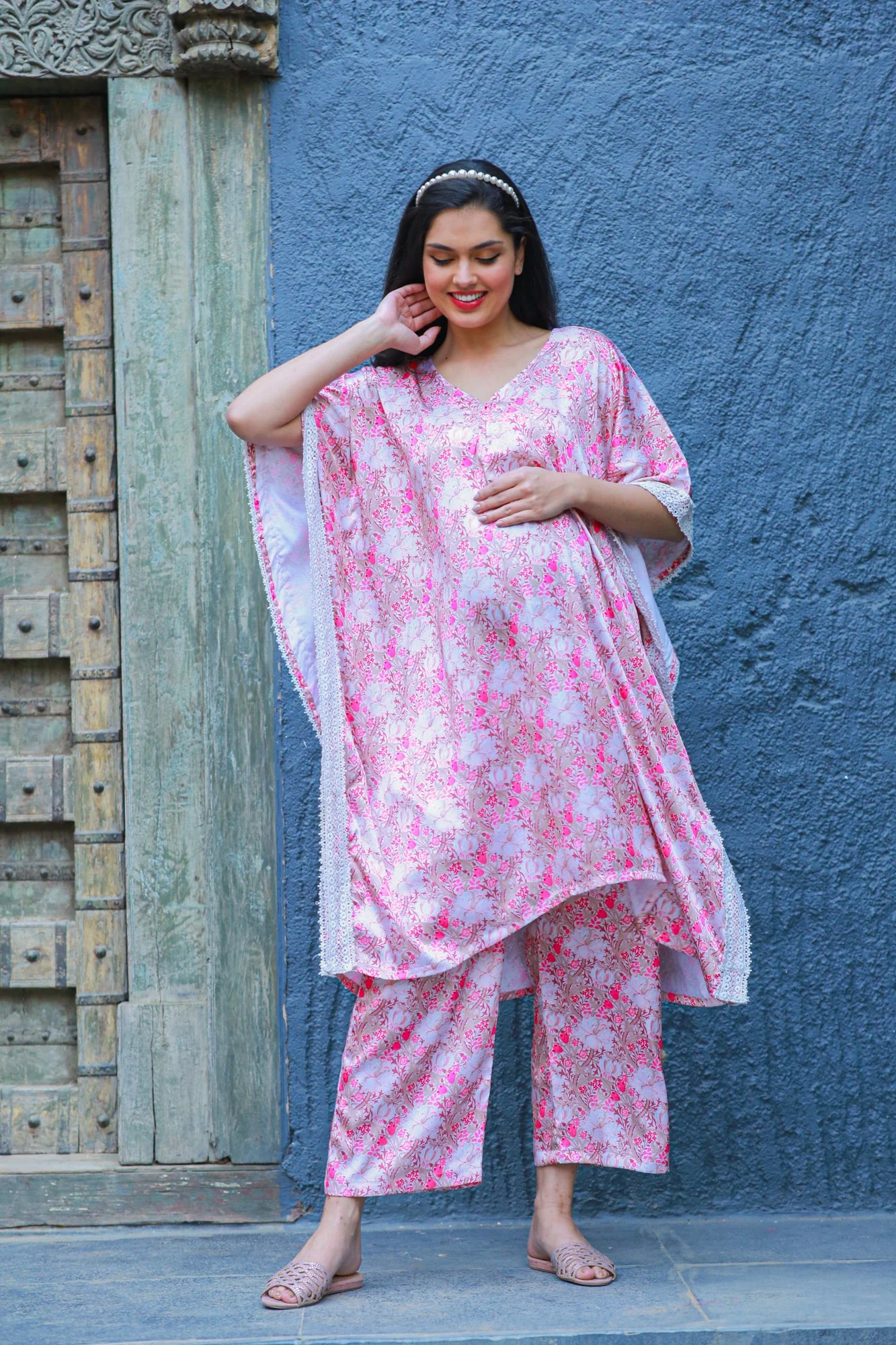 Premium Serene Rose Pink Satin Maternity & Nursing Lounge Coord Set (2 pc) - Chenance