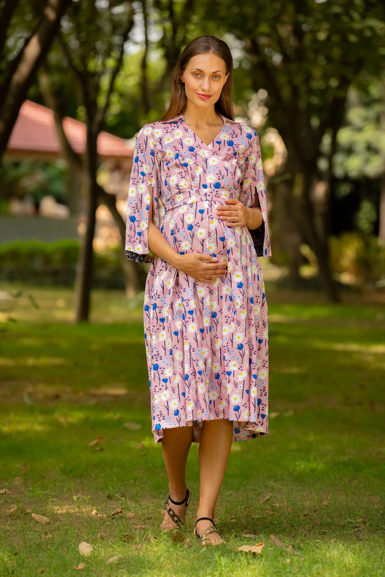 Carolina Pink Floral Unique Sleeves Maternity & Nursing Dress - Chenance