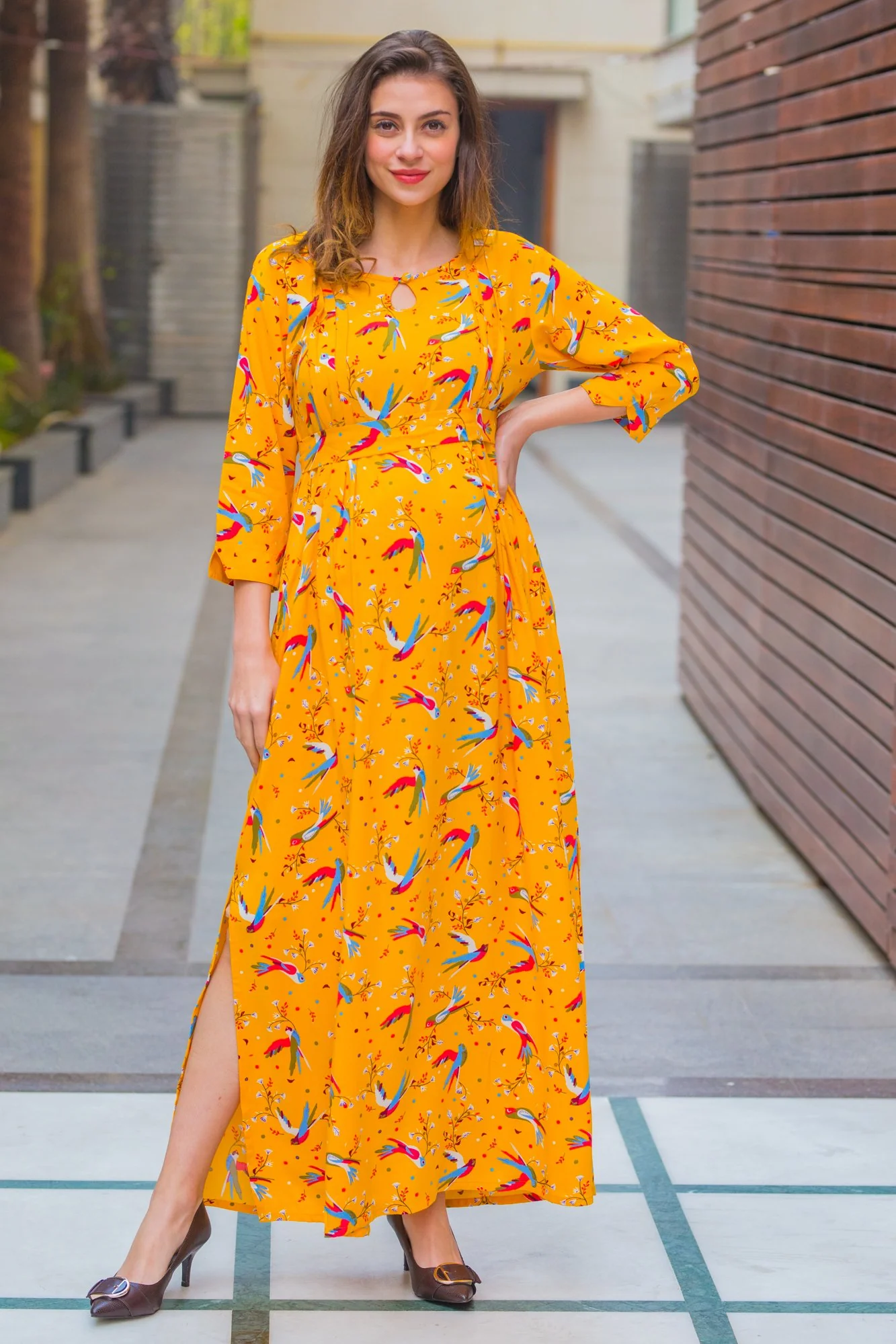 Yellow Birds Side Slits Maternity & Nursing Dress - Chenance