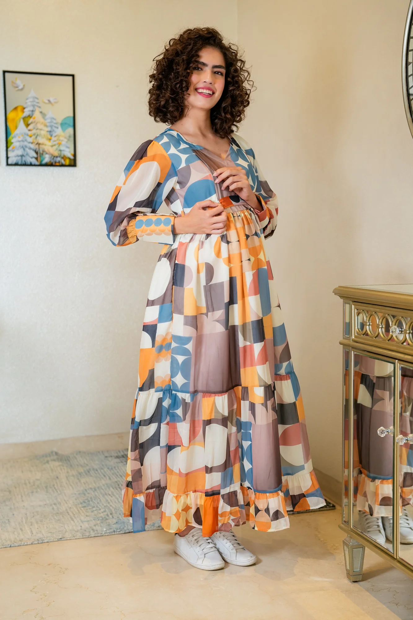 Vintage Geometric Maternity And Nursing Frill Dress - Chenance
