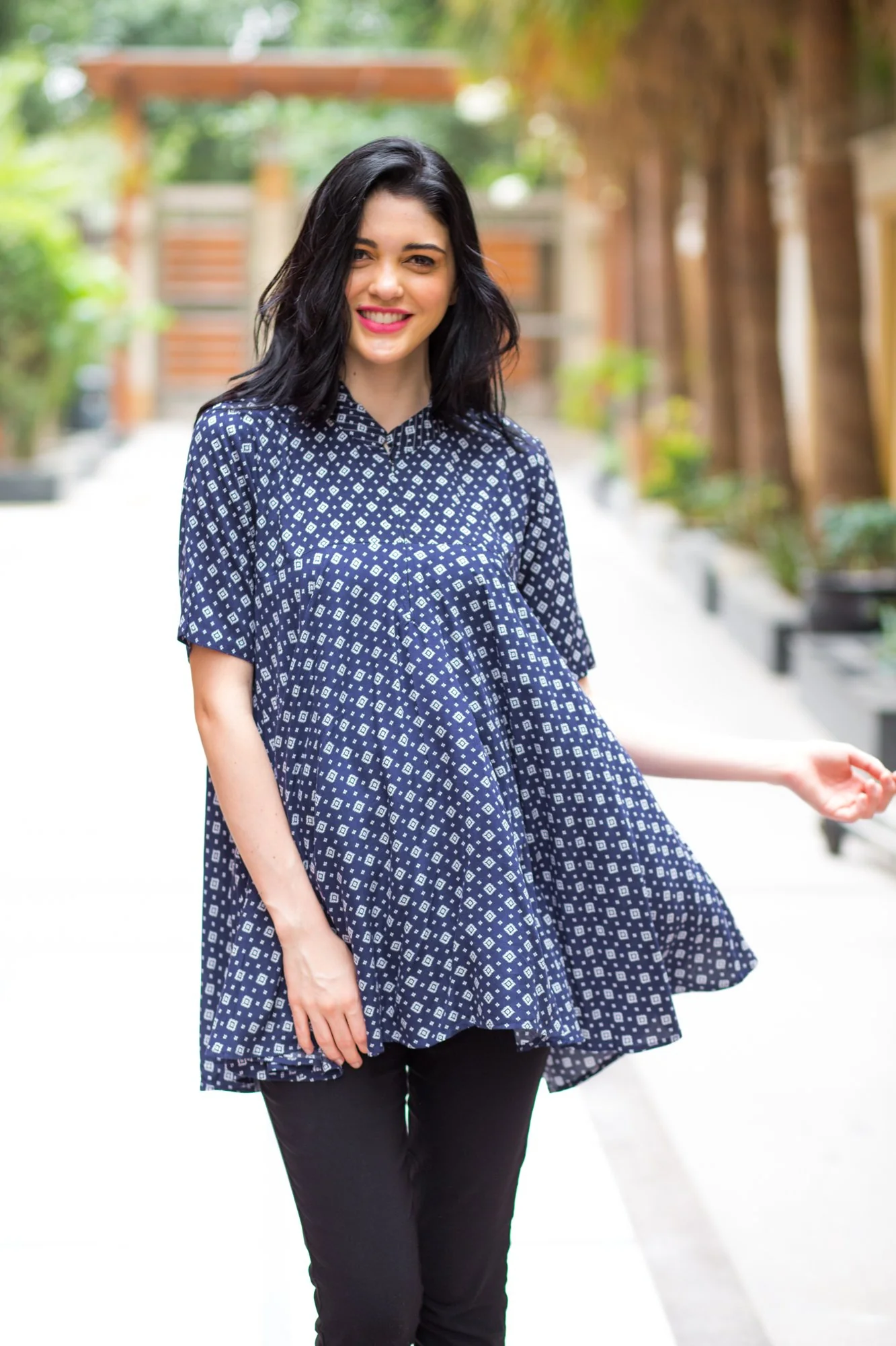 Navy Geo Flowing Maternity & Nursing Top - Chenance