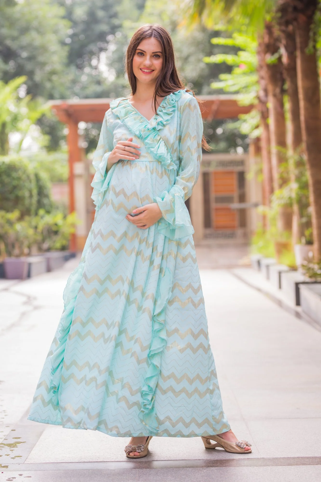 Pastel Blue Embellished Maternity & Nursing Dress - Chenance