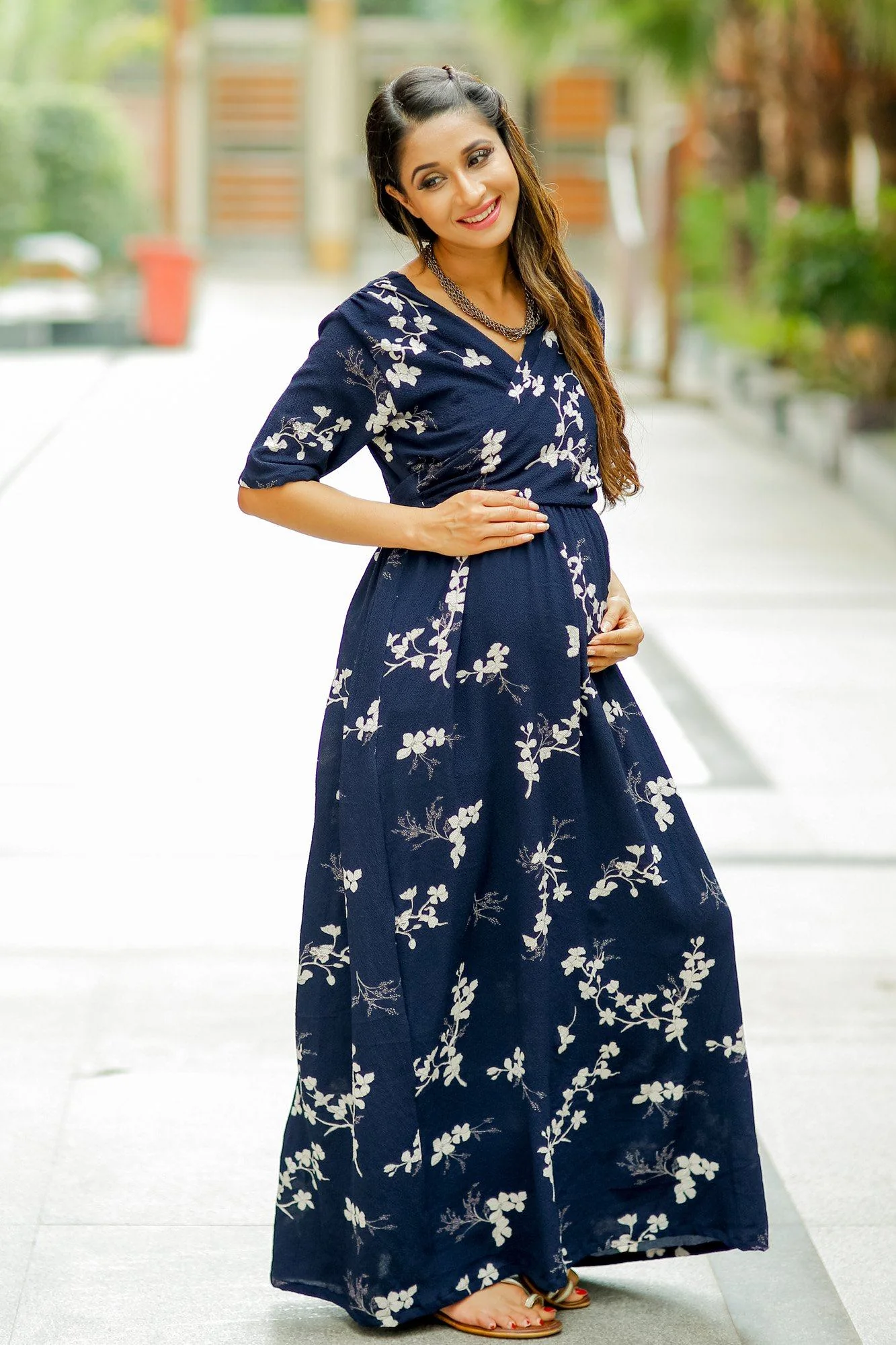 Luxe Navy Pearl Bubble Georgette Maternity & Nursing Wrap Dress - Chenance