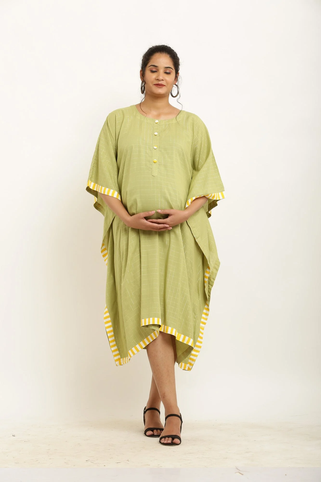 Majestic Olive Green Checks Maternity & Nursing Kaftan - Chenance