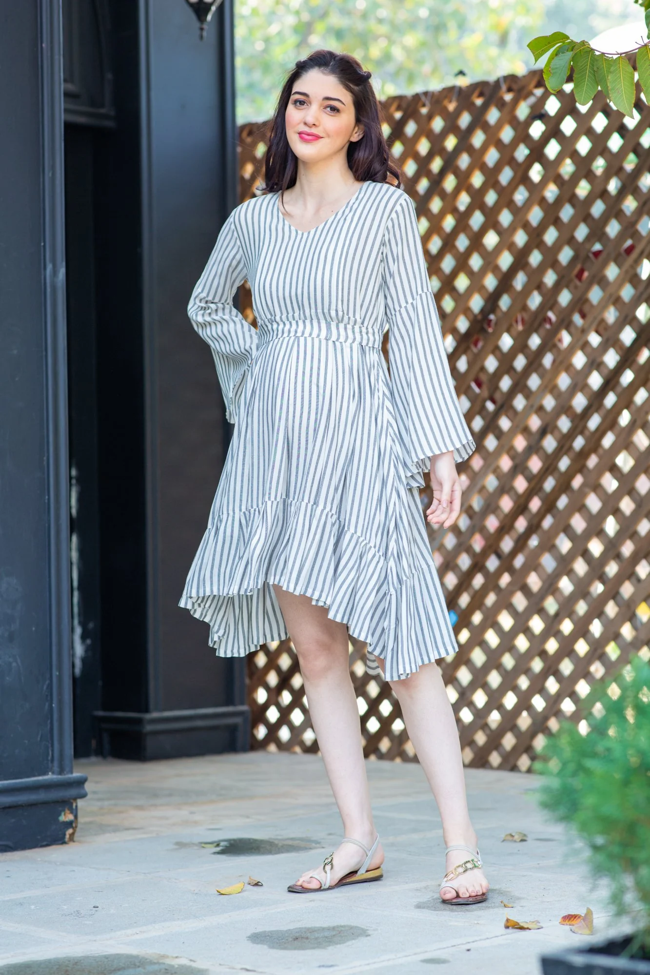 Jade Striped Maternity & Nursing Frill Dress - Chenance