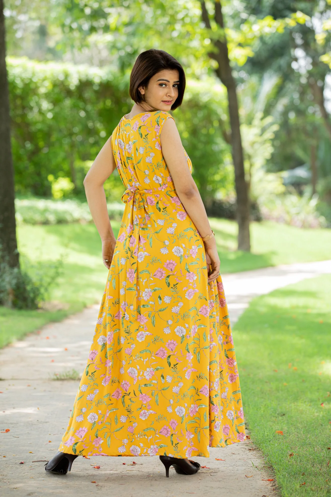 Yellow Lilly Pintucks Concealed Zips Dress - Chenance