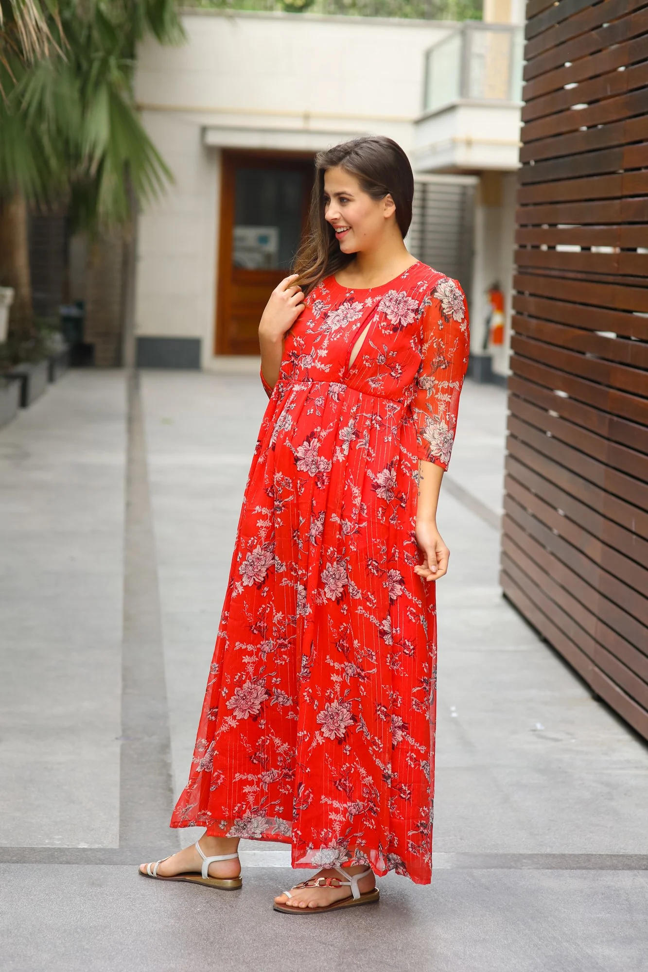 Luxe Chiffon Tangerine Floral Maternity & Nursing Dress - Chenance