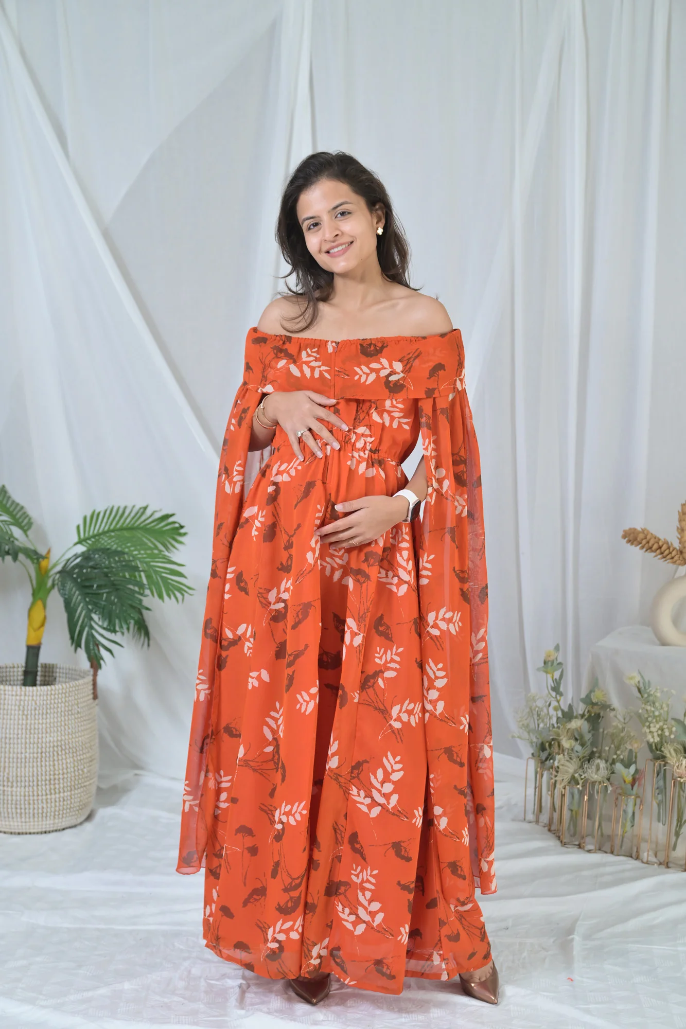 Elegant Rust Floral Butterflying Sleeves Maternity & Nursing Dress - Chenance