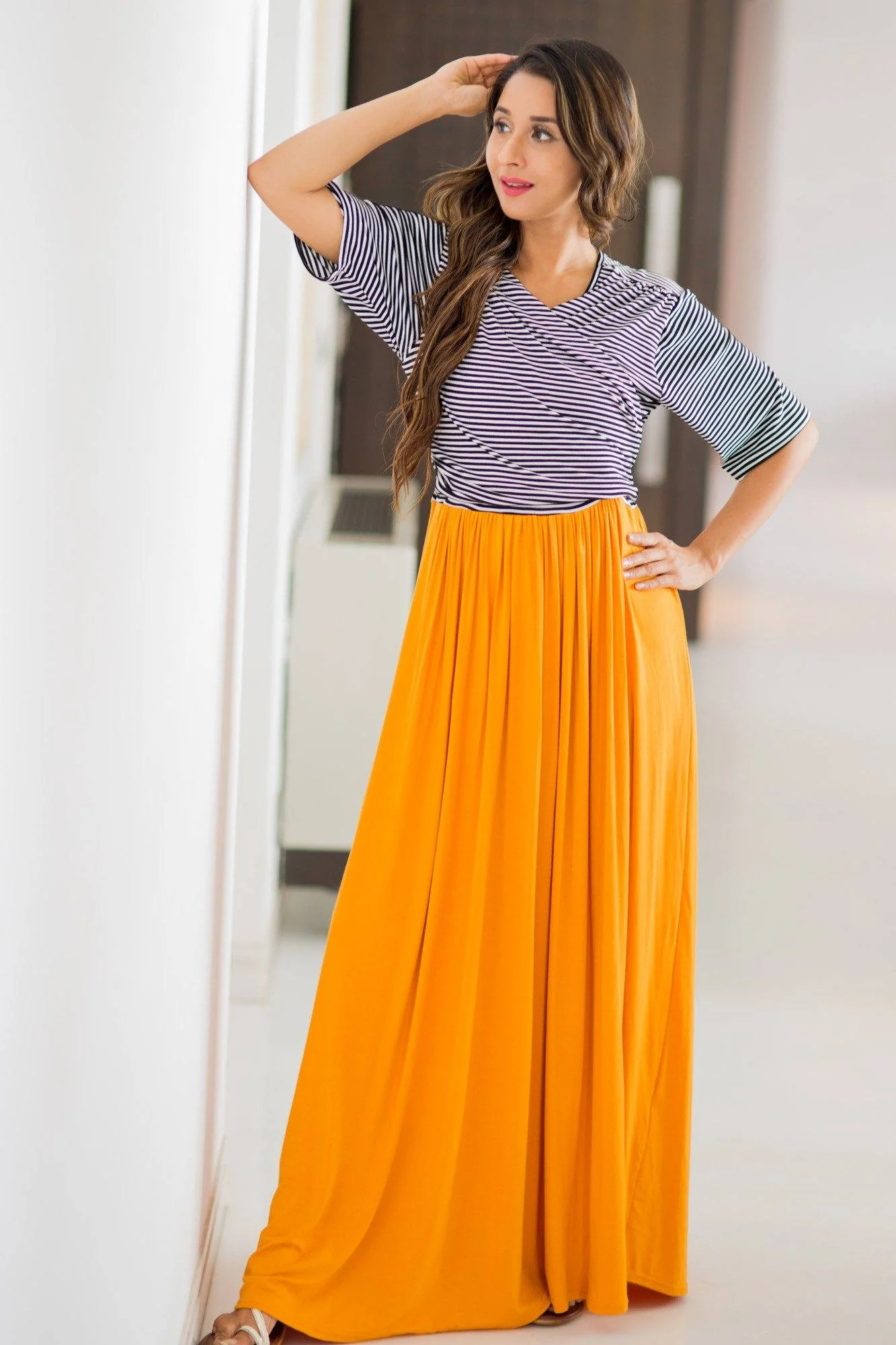 Chic Striped Mustard Orange Maternity & Nursing Wrap Dress - Chenance
